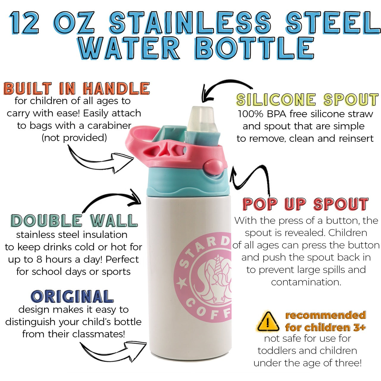 Kids Collection (Stardust Coffee - Personalized) 12 oz Stainless Steel Water Bottle with Pink and Blue Lid