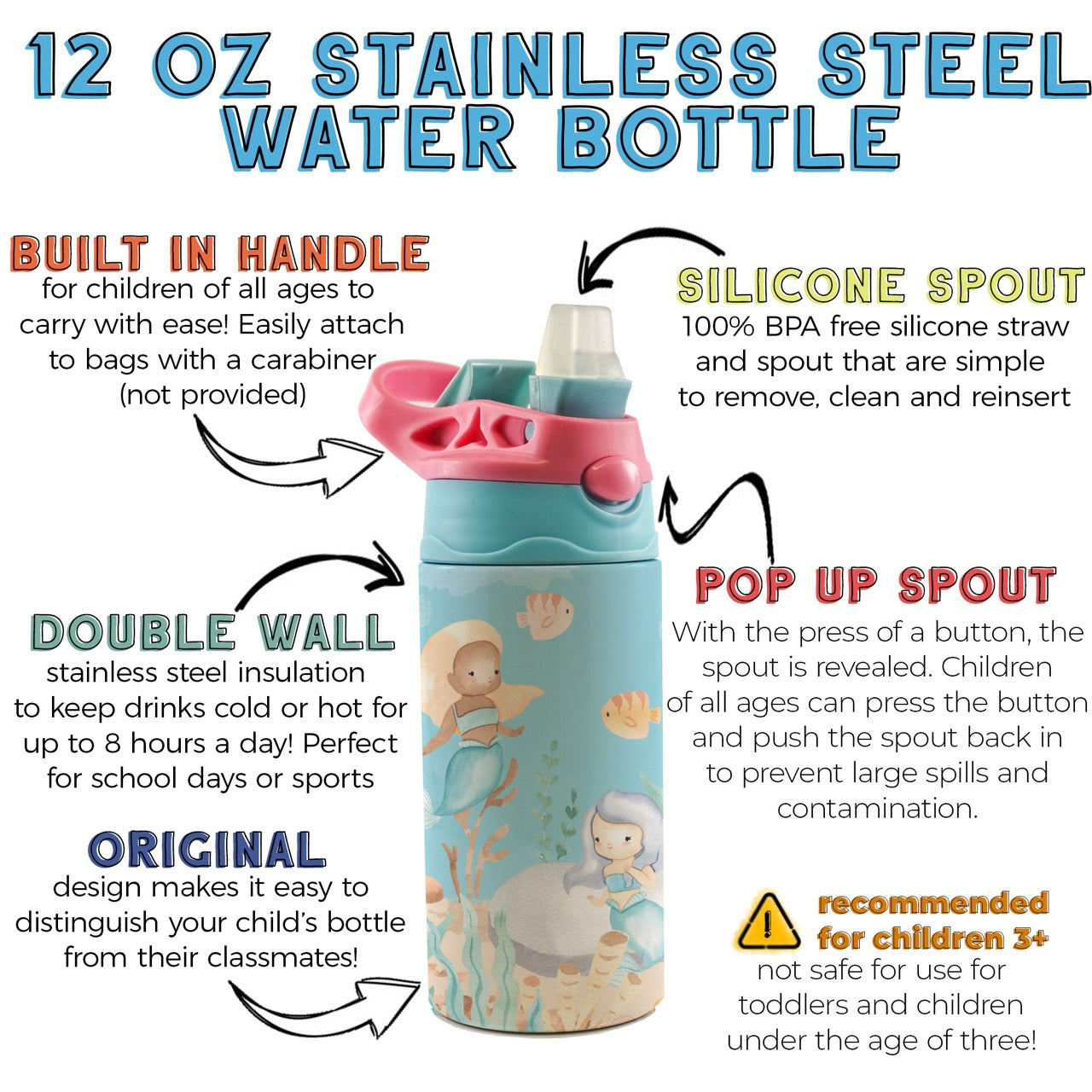 Trend Setters Original (Mermaids - Personalize with Name) 12 oz Stainless Steel Water Bottle with Pink and Blue Lid