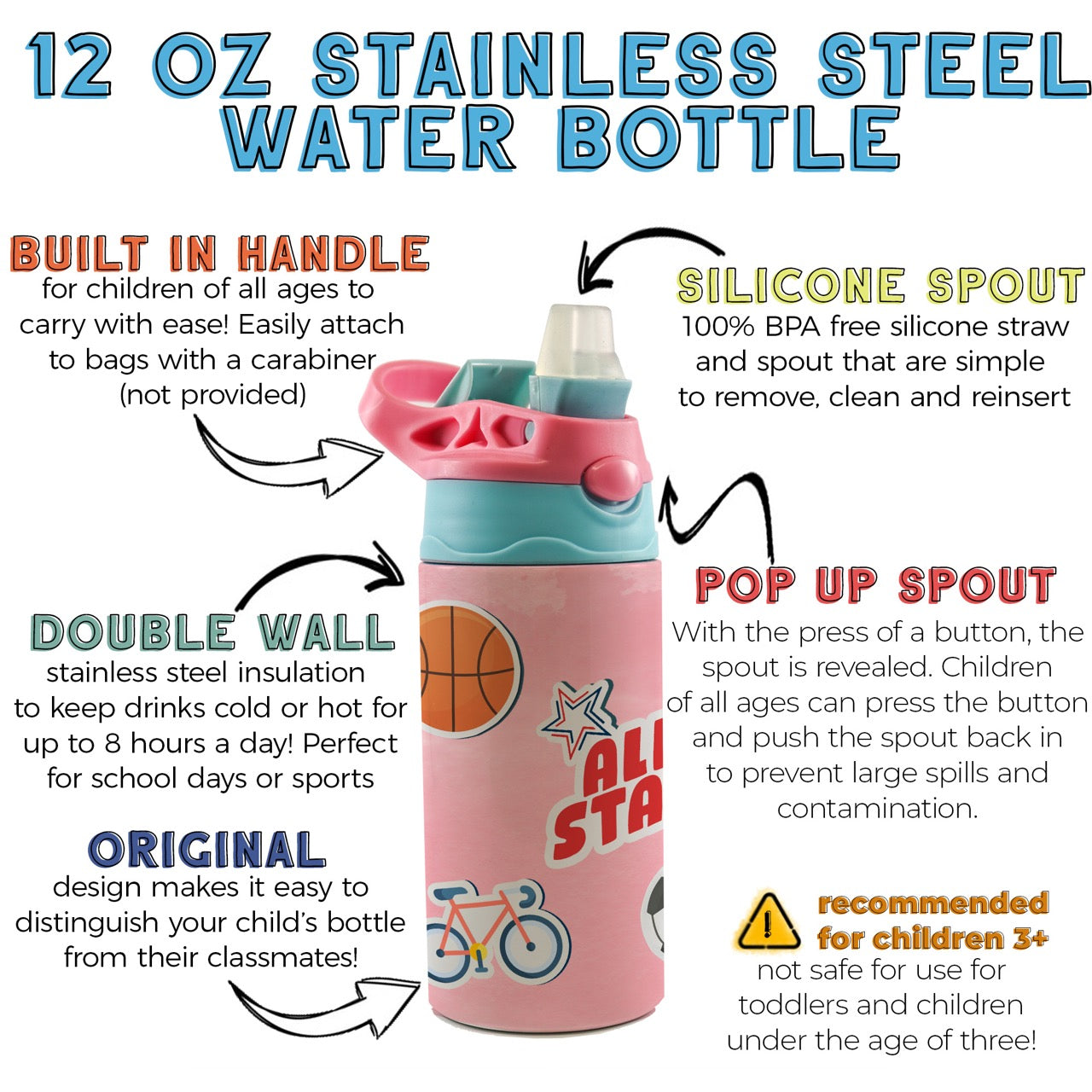 Sports Collection (Stickers - Personalize with Name) 12 oz Stainless Steel Water Bottle with Pink and Blue Lid