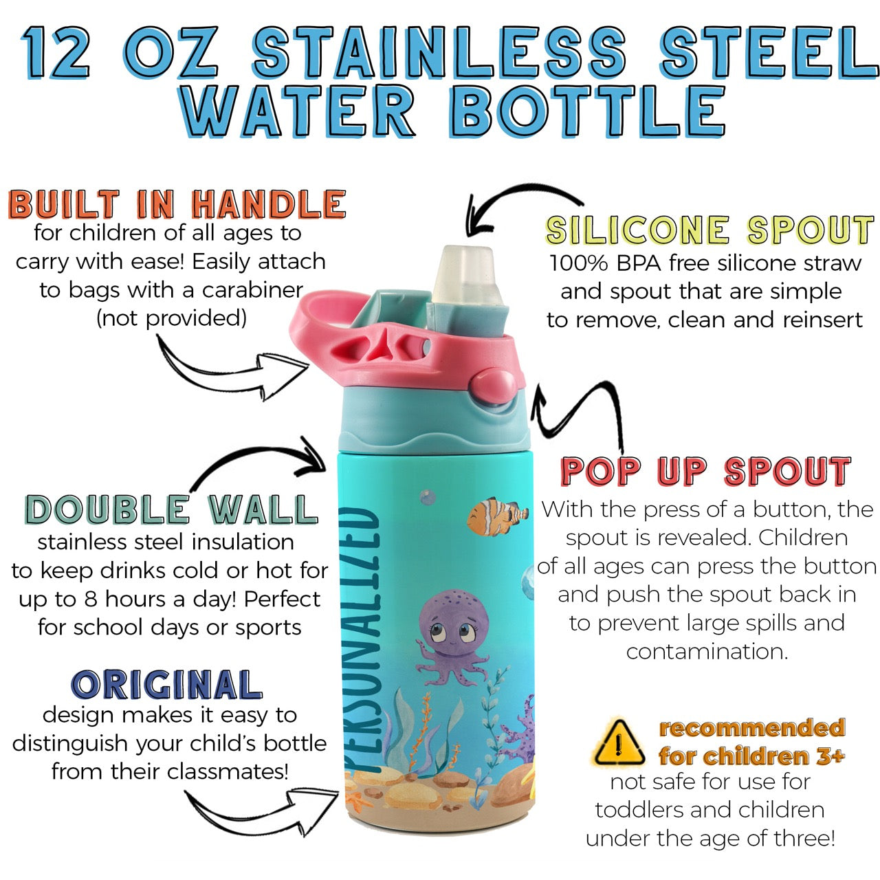 Trend Setters Original (Sea Life - Personalize with Name) 12 oz Stainless Steel Water Bottle with Pink and Blue Lid