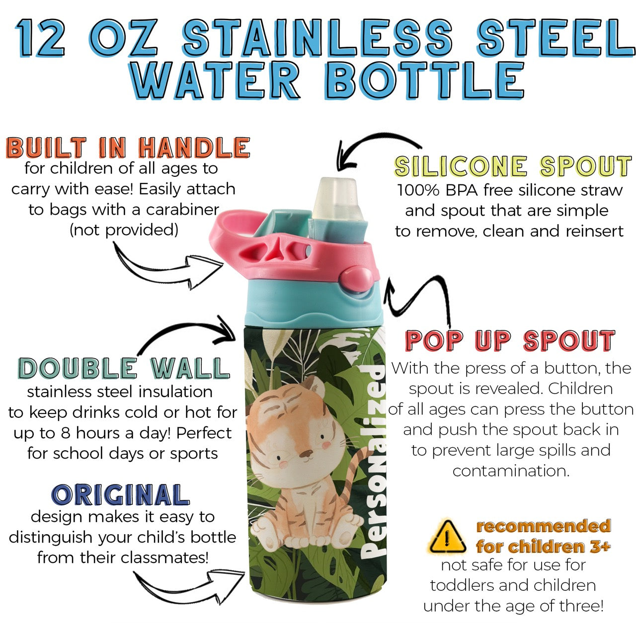 Trend Setters Original (Tiger Jungle - Personalized) 12 oz Stainless Steel Water Bottle with Pink and Blue Lid SSKIDPB0020