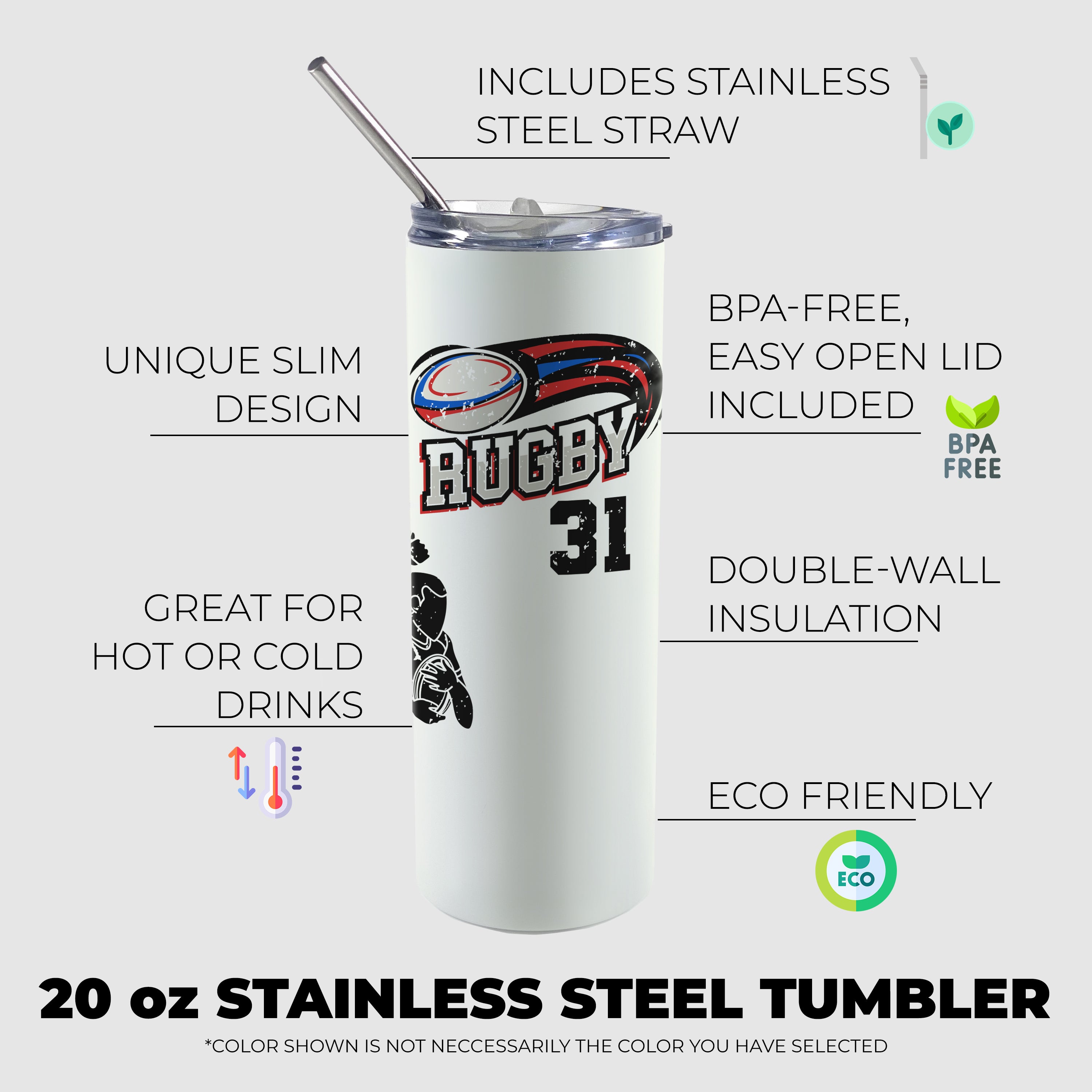 Sports Collection (Rugby Number - Personalized) 20oz Stainless Steel Tumbler with Straw