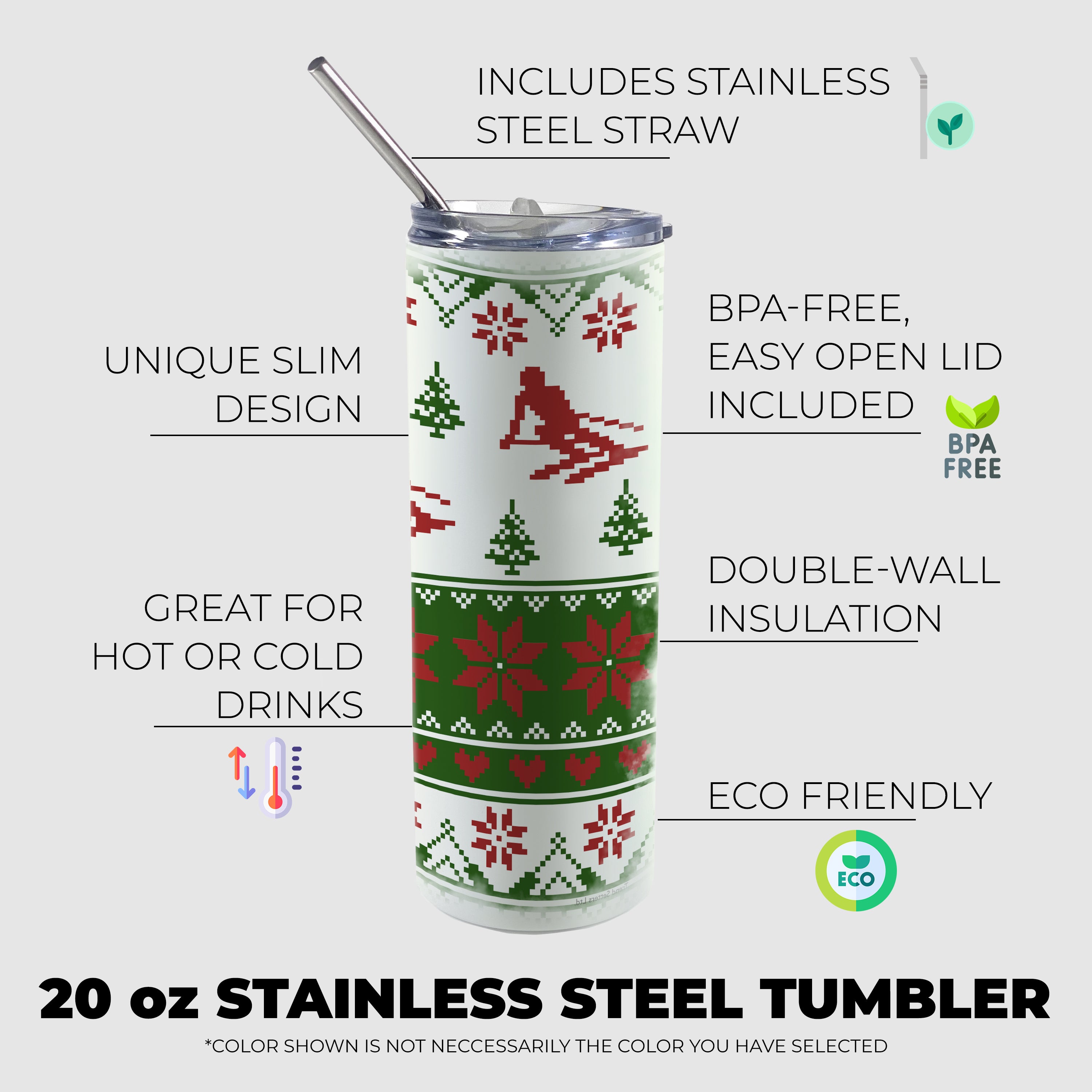 Sports Collection (Skiing Ugly Sweater - Red & Green) 20oz Stainless Steel Tumbler with Straw