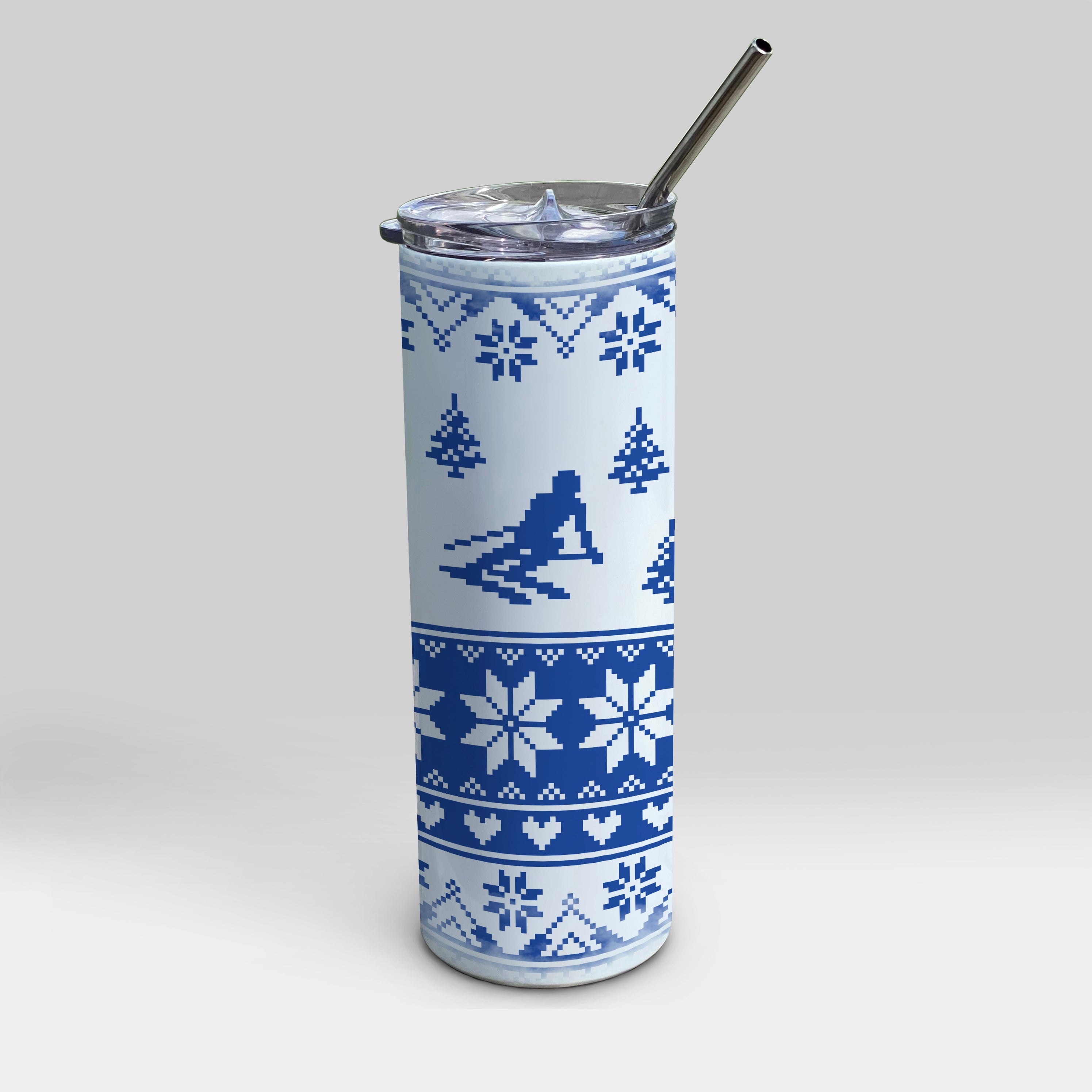 Sports Collection (Skiing Ugly Sweater - Blue) 20oz Stainless Steel Tumbler with Straw