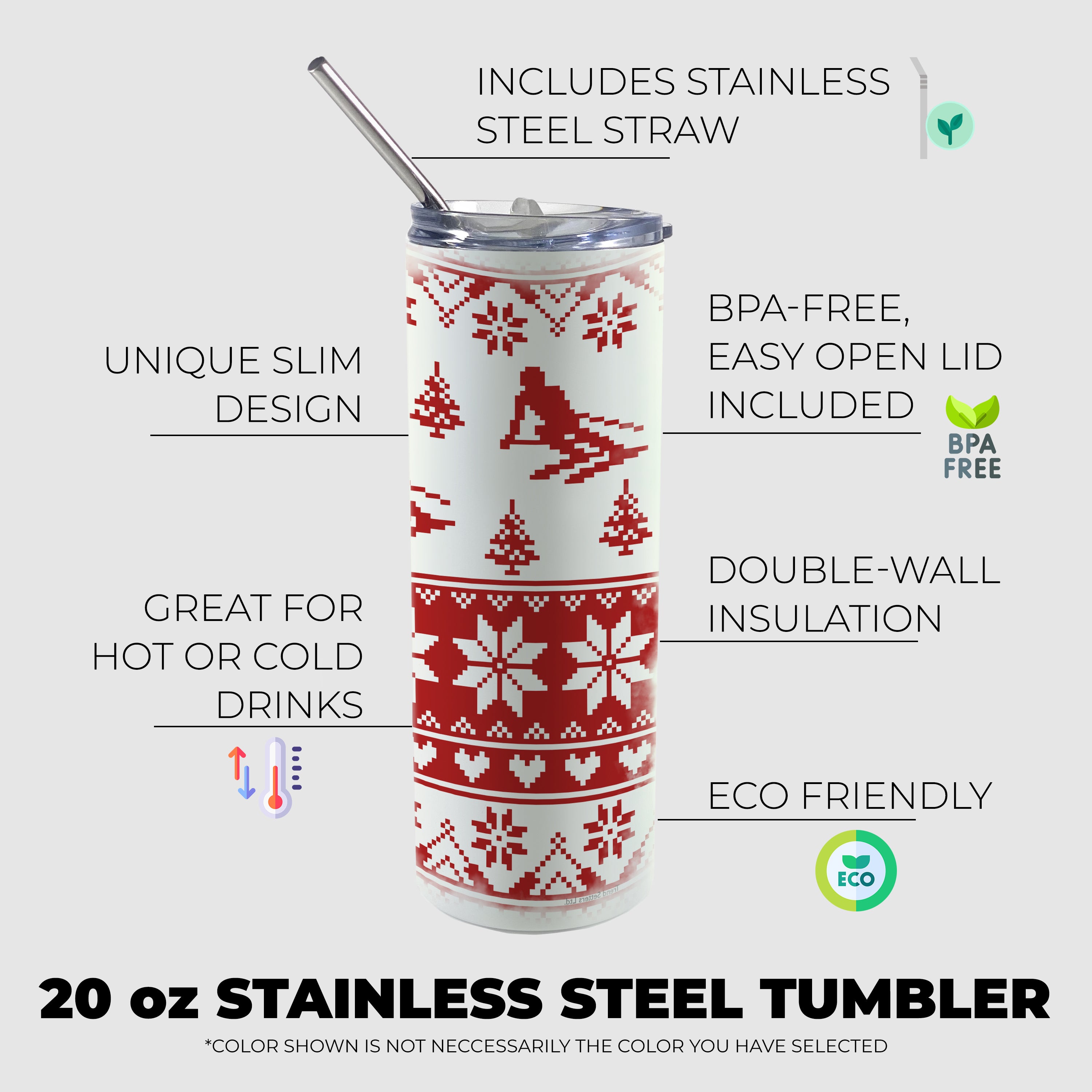 Sports Collection (Skiing Ugly Sweater - Red) 20oz Stainless Steel Tumbler with Straw