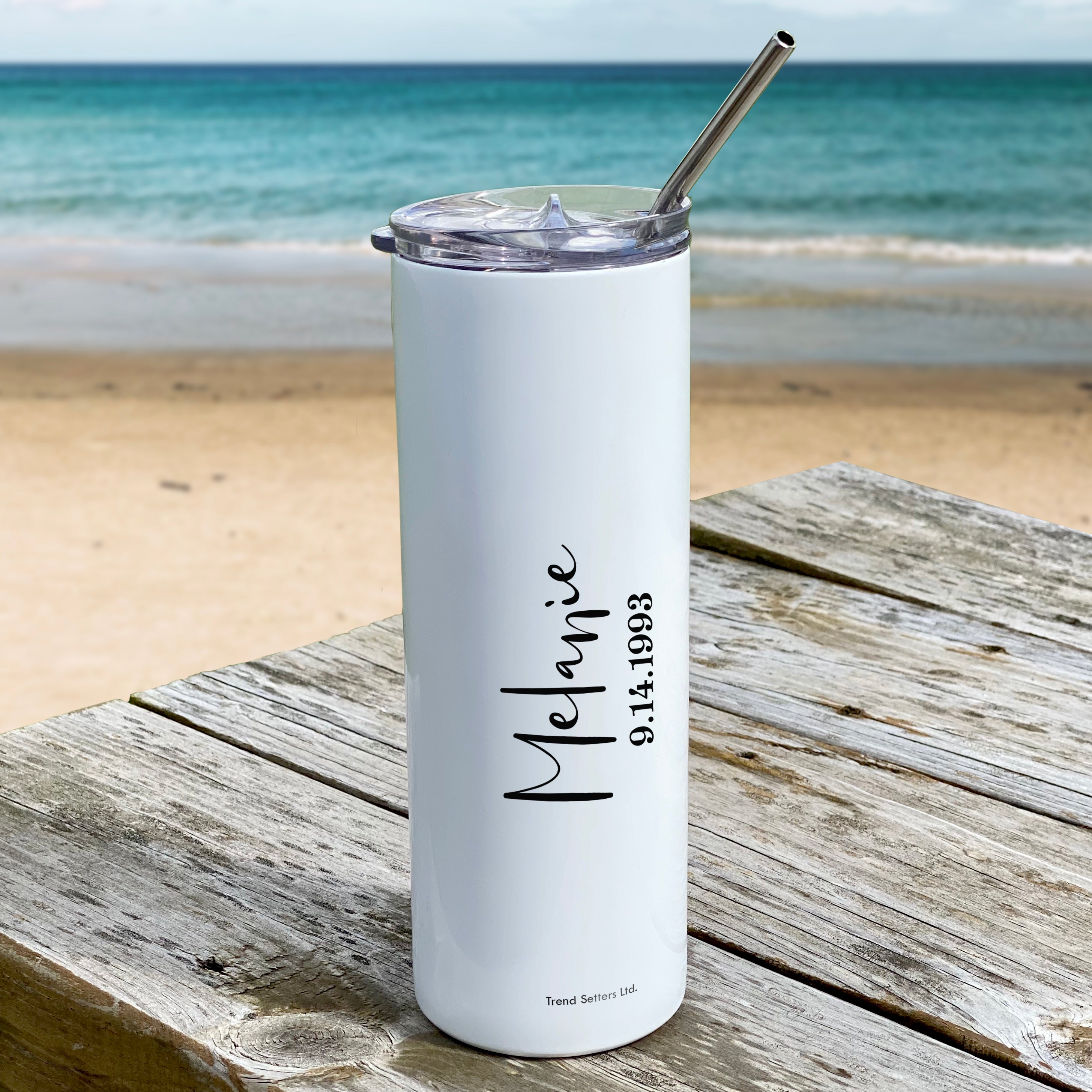 Birthday Collection (Birth Month Flower - Personalized) 20 oz Stainless Steel Travel White Tumbler with Straw