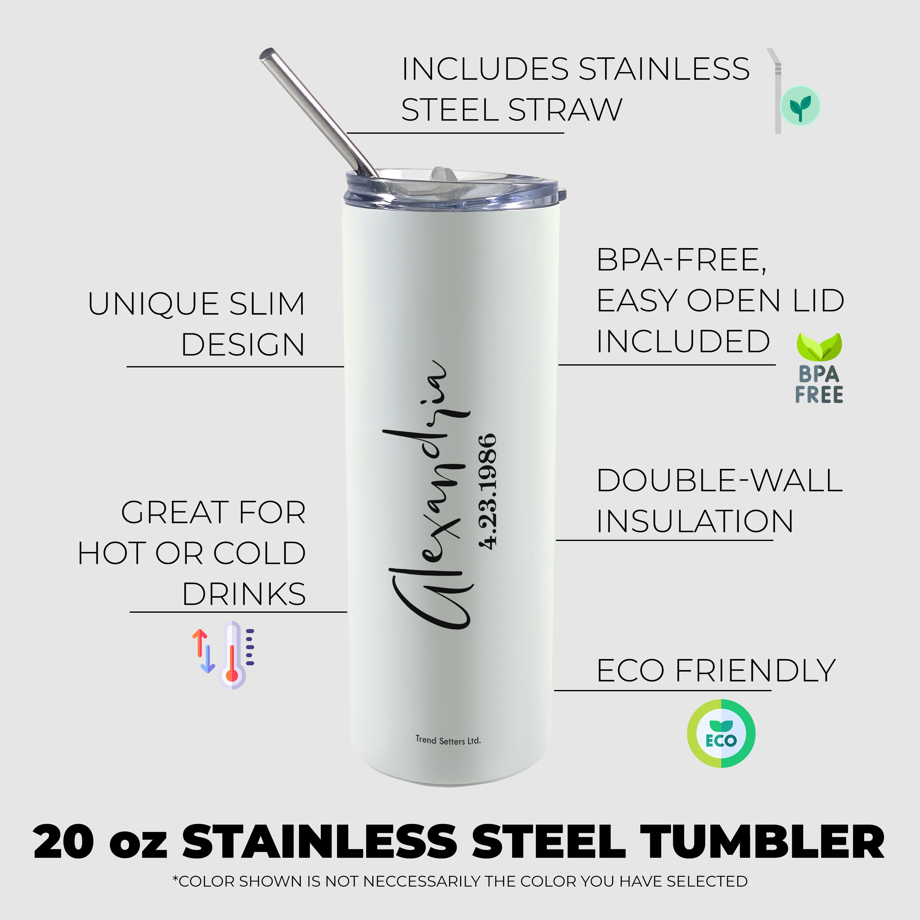 Birthday Collection (Birth Month Flower - Personalized) 20 oz Stainless Steel Travel White Tumbler with Straw