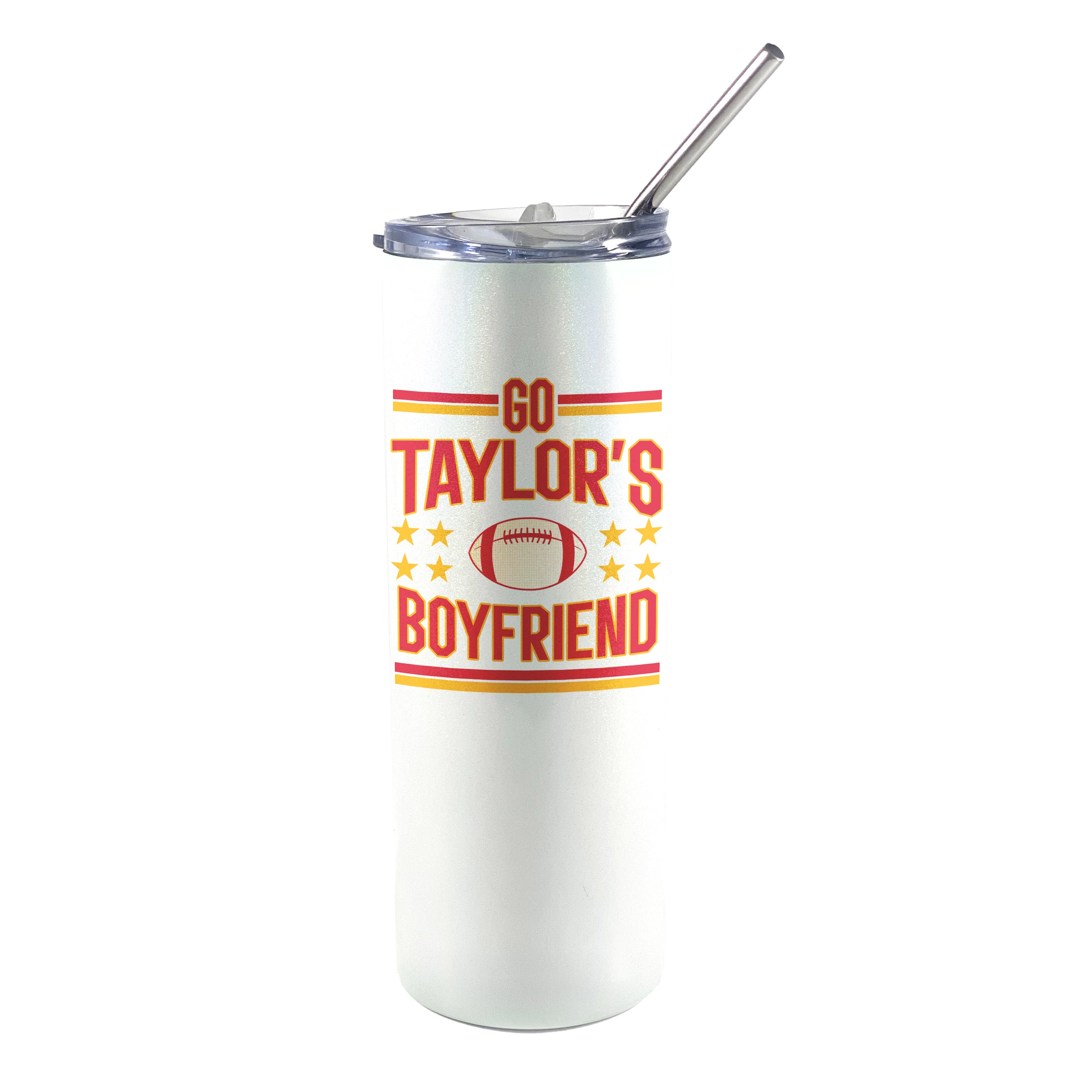 Sports Collection (Go Taylor’s Boyfriend) 20 oz Stainless Steel Travel White Iridescent Tumbler with Straw