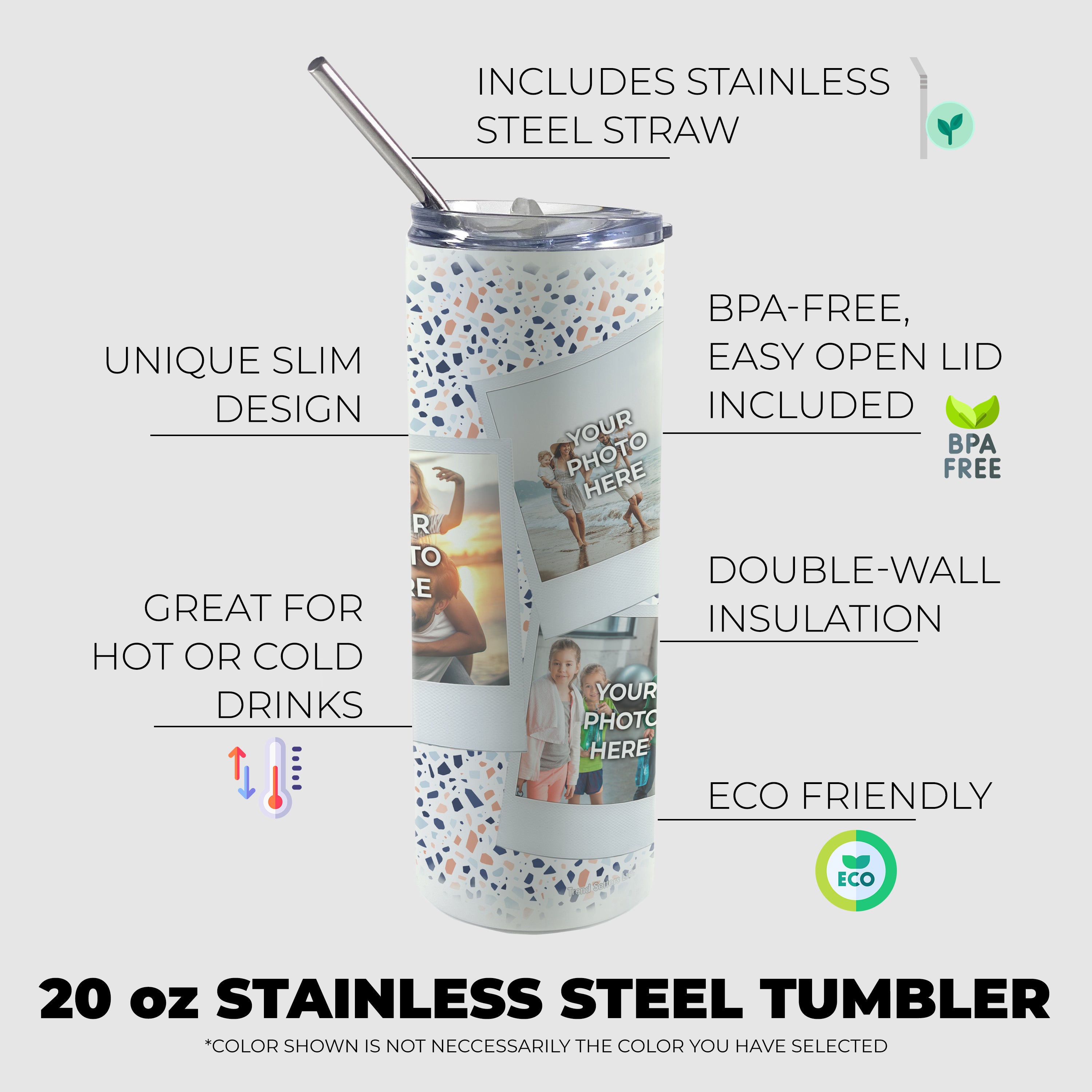 Trend Setters Original (Polaroid Pictures - Personalized) 20 oz Stainless Steel Travel White Tumbler with Straw