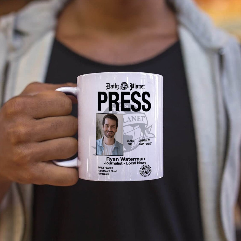 Superman 2025 (Daily Planet Press Pass – Personalized Name & Photo Upload) 11 oz White Ceramic Mug WMUGU1743