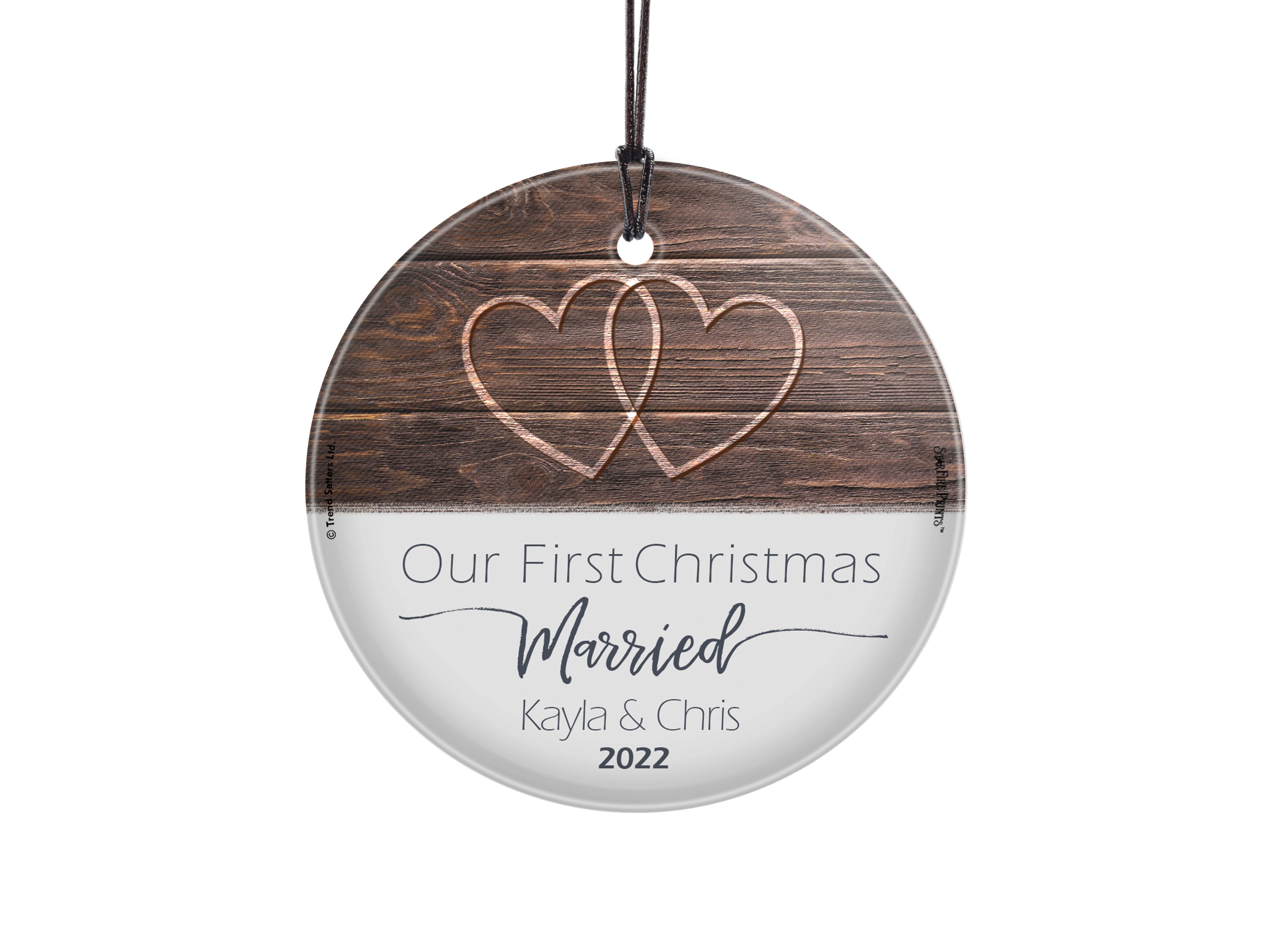 First Christmas Married Personalized Hanging Glass Print with names and year rustic hearts