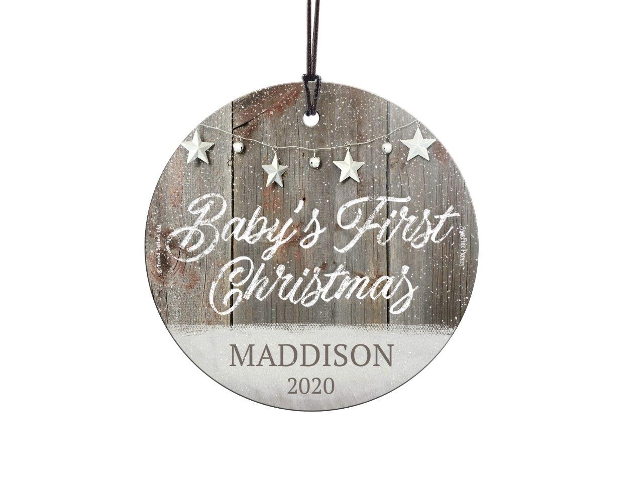 Baby's First Christmas (Rustic Snow and Stars - Personalized) StarFire Prints Hanging Glass Print