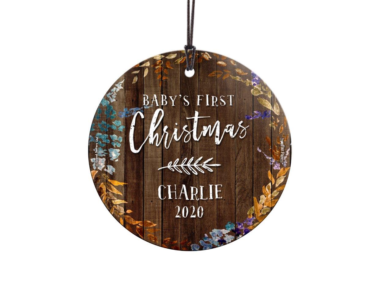 Baby's First Christmas (Jewel Tone Leaves and Wood - Personalized) StarFire Prints Hanging Glass Print
