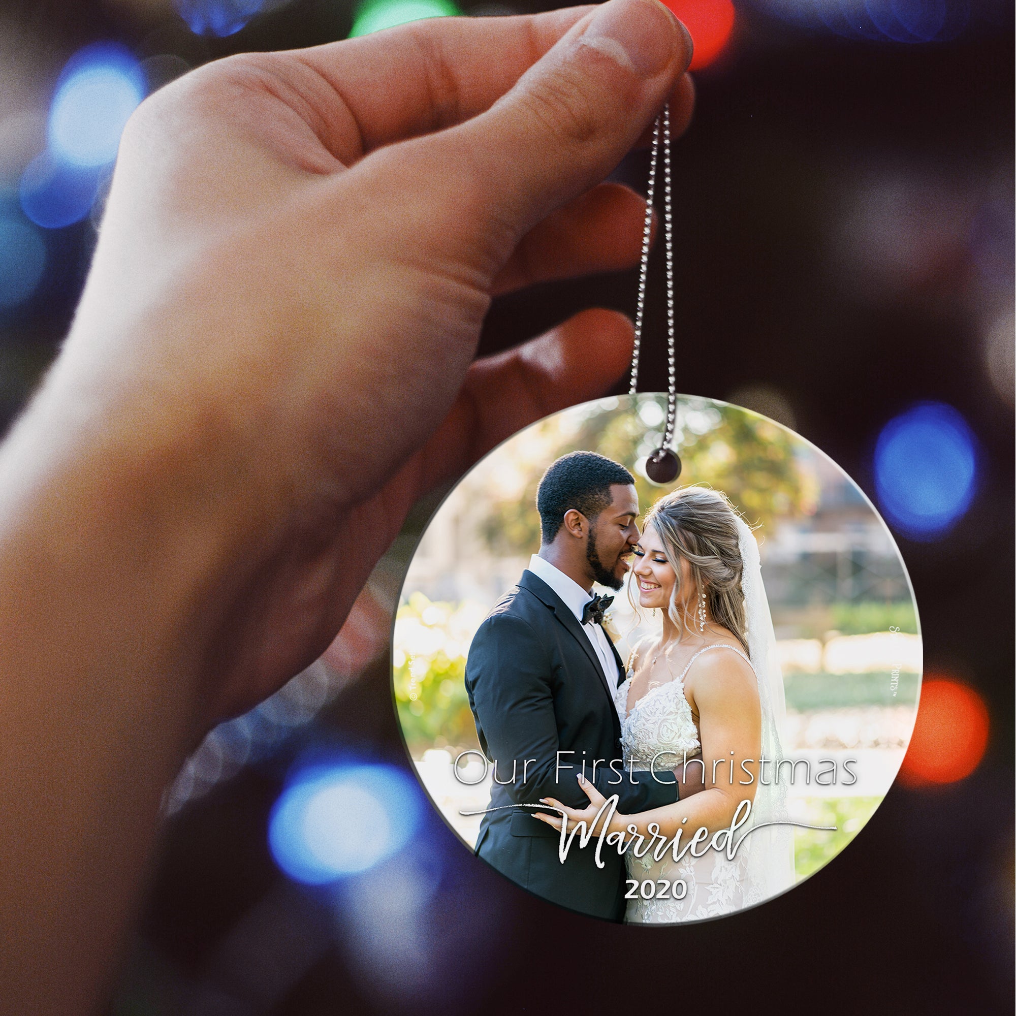 Couples Collection (Our First Christmas Married - Upload) StarFire Prints Hanging Glass Print