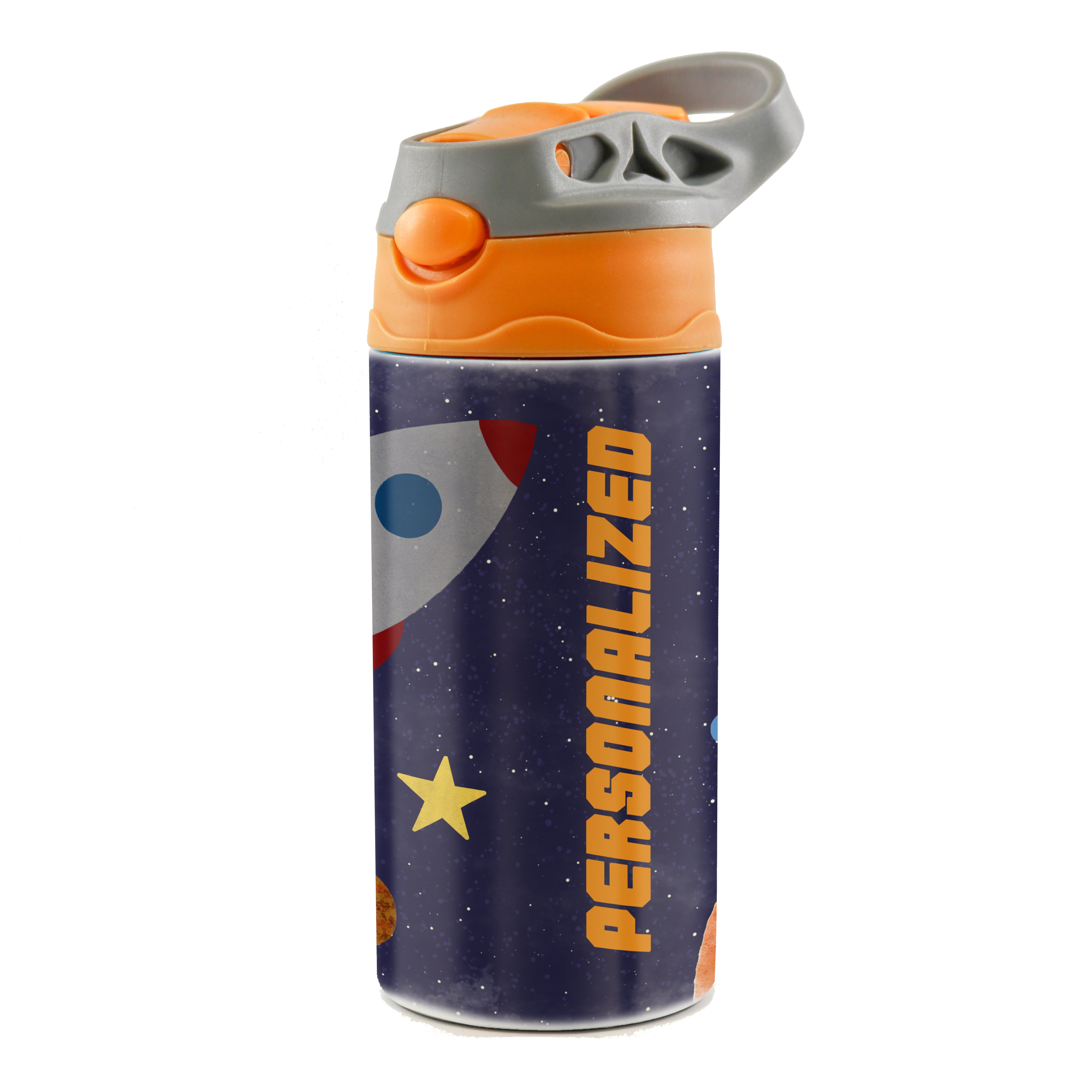 Trend Setters Original (Astronaut - Personalize with Name) 12 oz Stainless Steel Water Bottle with Orange and Grey Lid