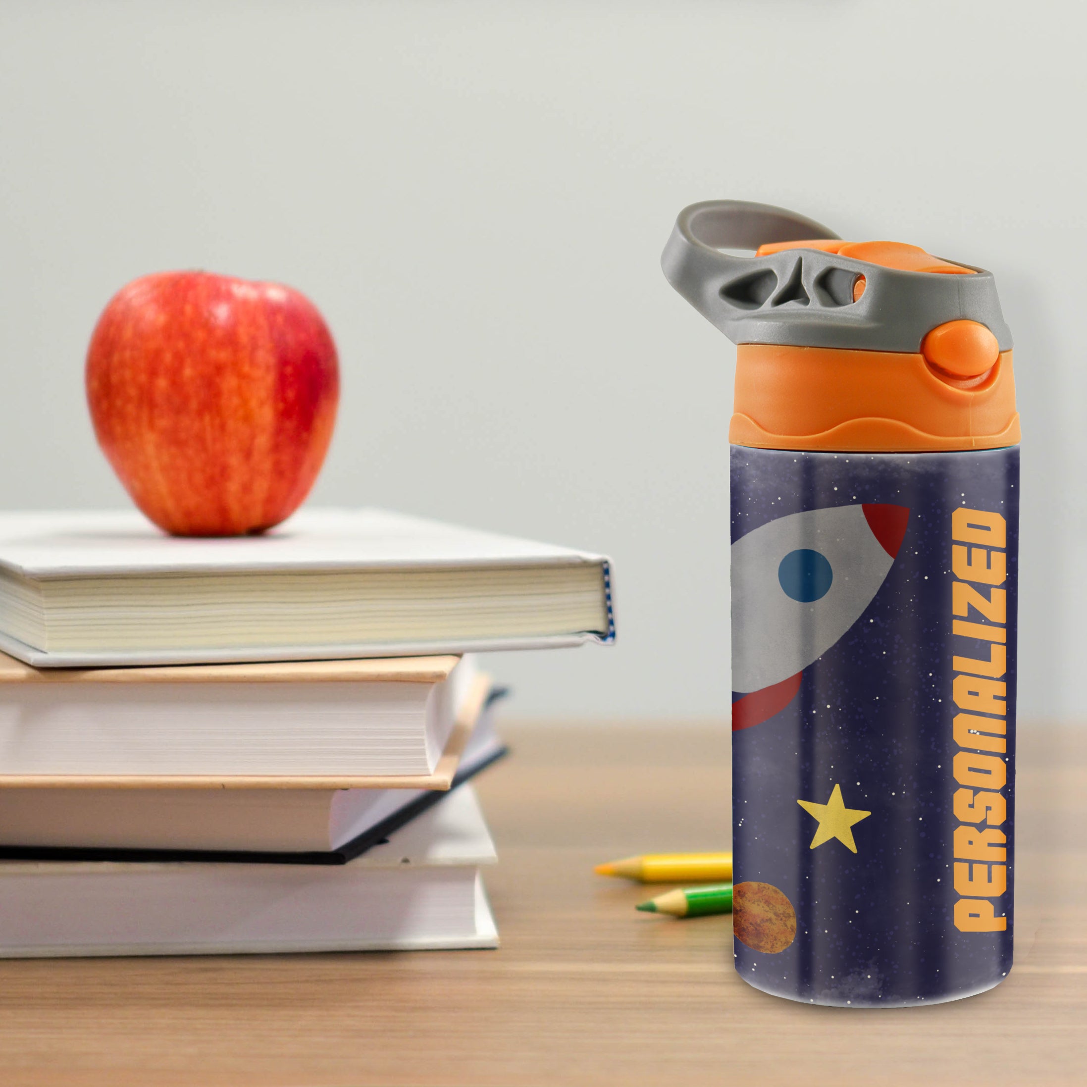 Trend Setters Original (Astronaut - Personalize with Name) 12 oz Stainless Steel Water Bottle with Orange and Grey Lid