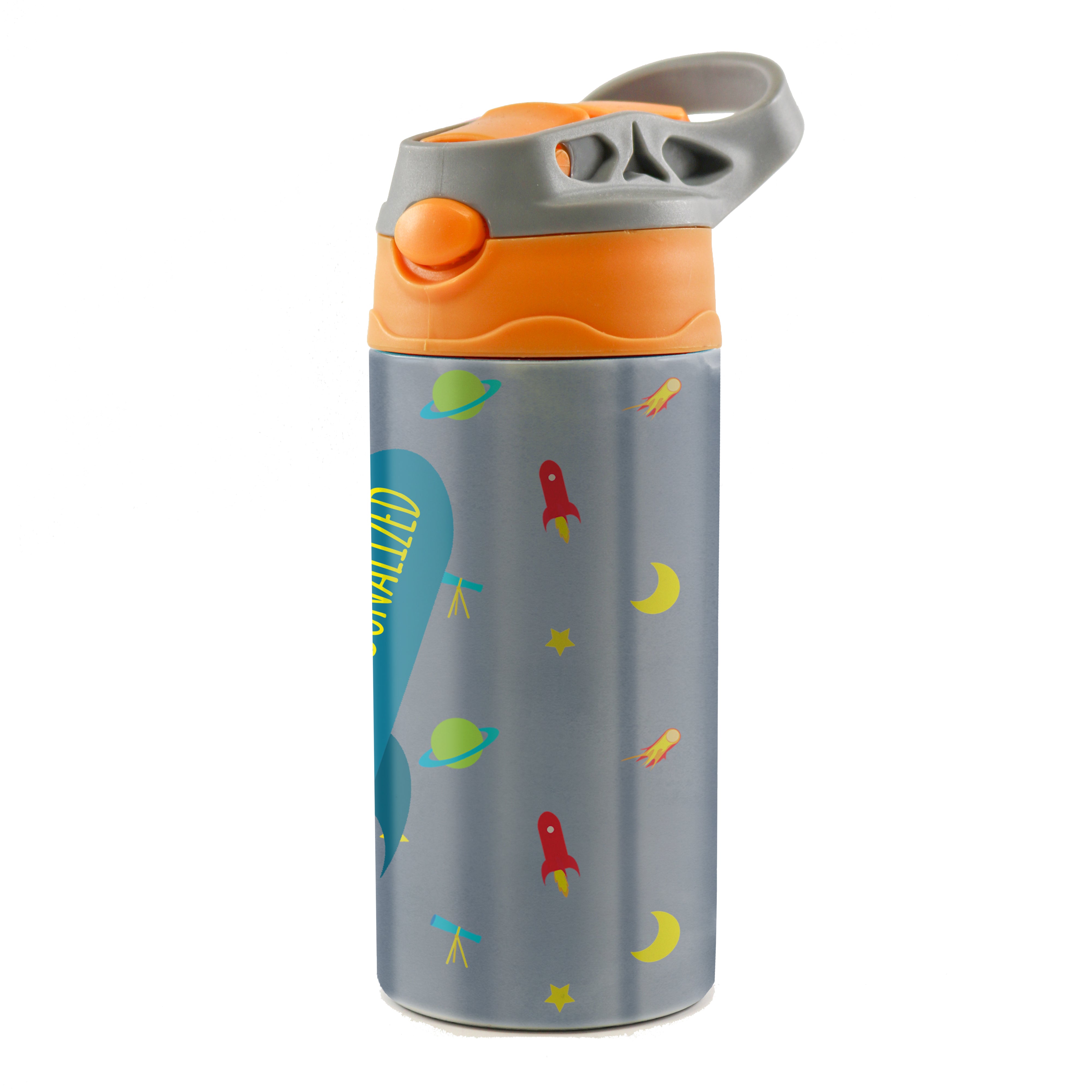 Trend Setters Original (Outer Space - Personalize with Name) 12 oz Stainless Steel Water Bottle with Orange and Grey Lid