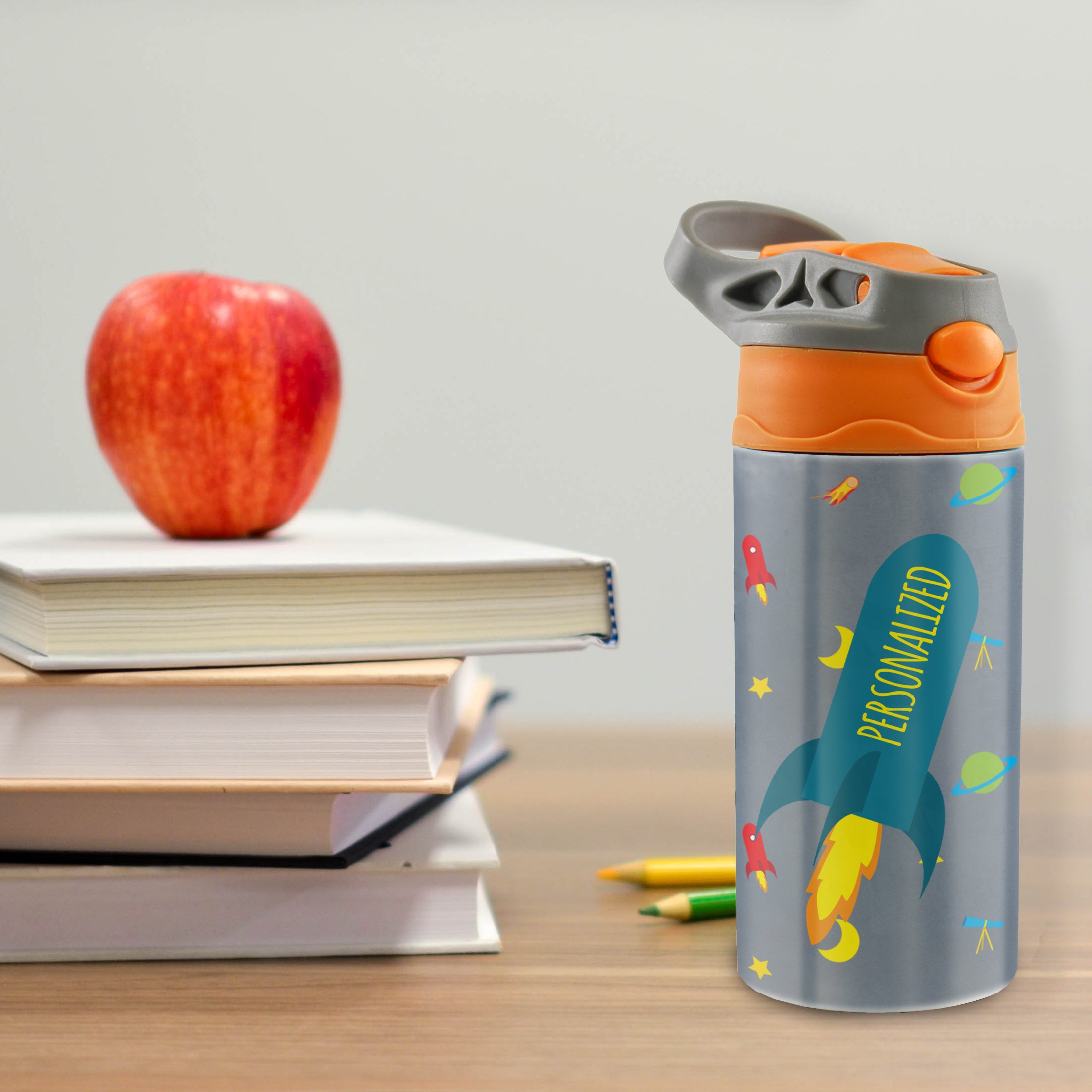Trend Setters Original (Outer Space - Personalize with Name) 12 oz Stainless Steel Water Bottle with Orange and Grey Lid