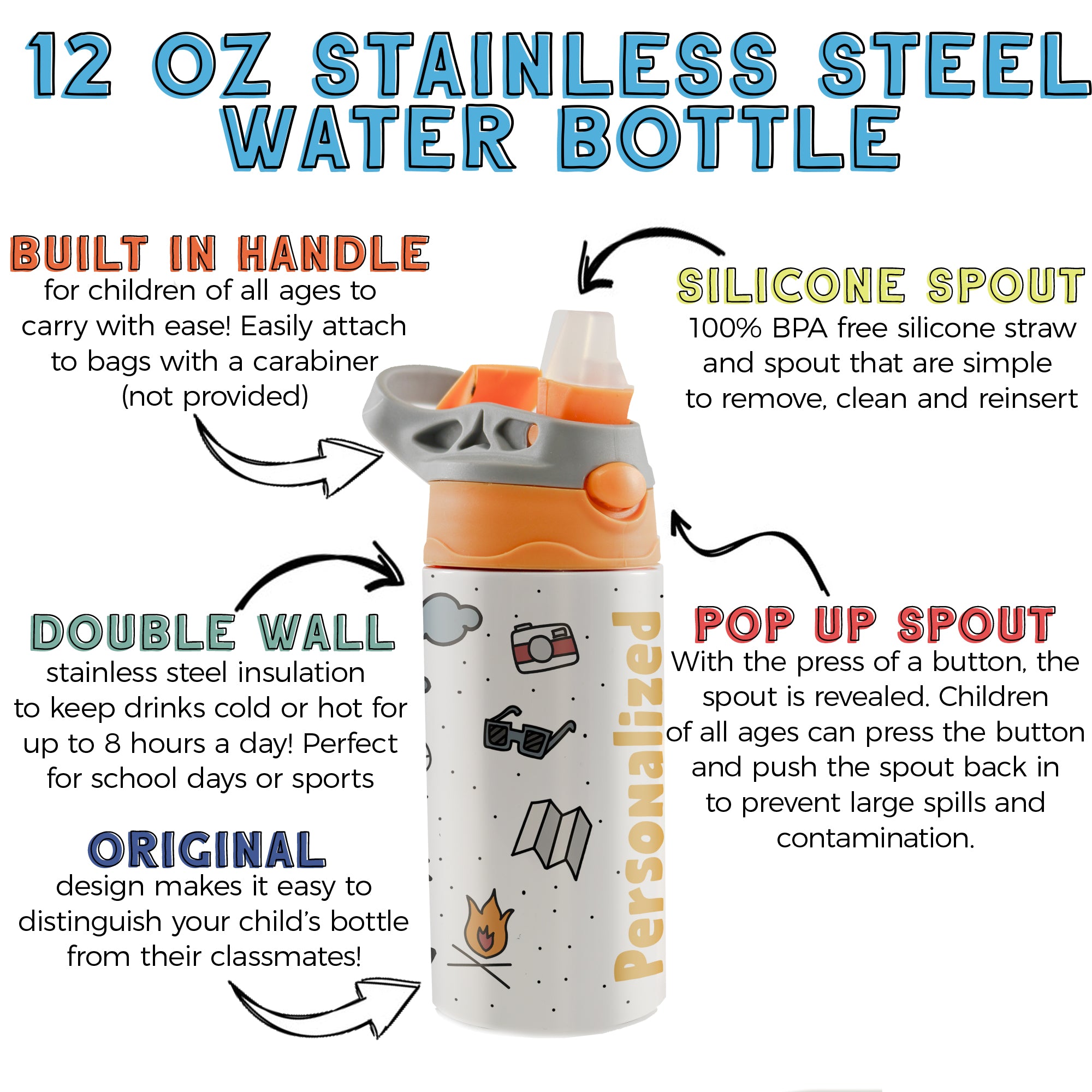 Trend Setters Original (Camping - Personalize with Name) 12 oz Stainless Steel Water Bottle with Orange and Grey Lid