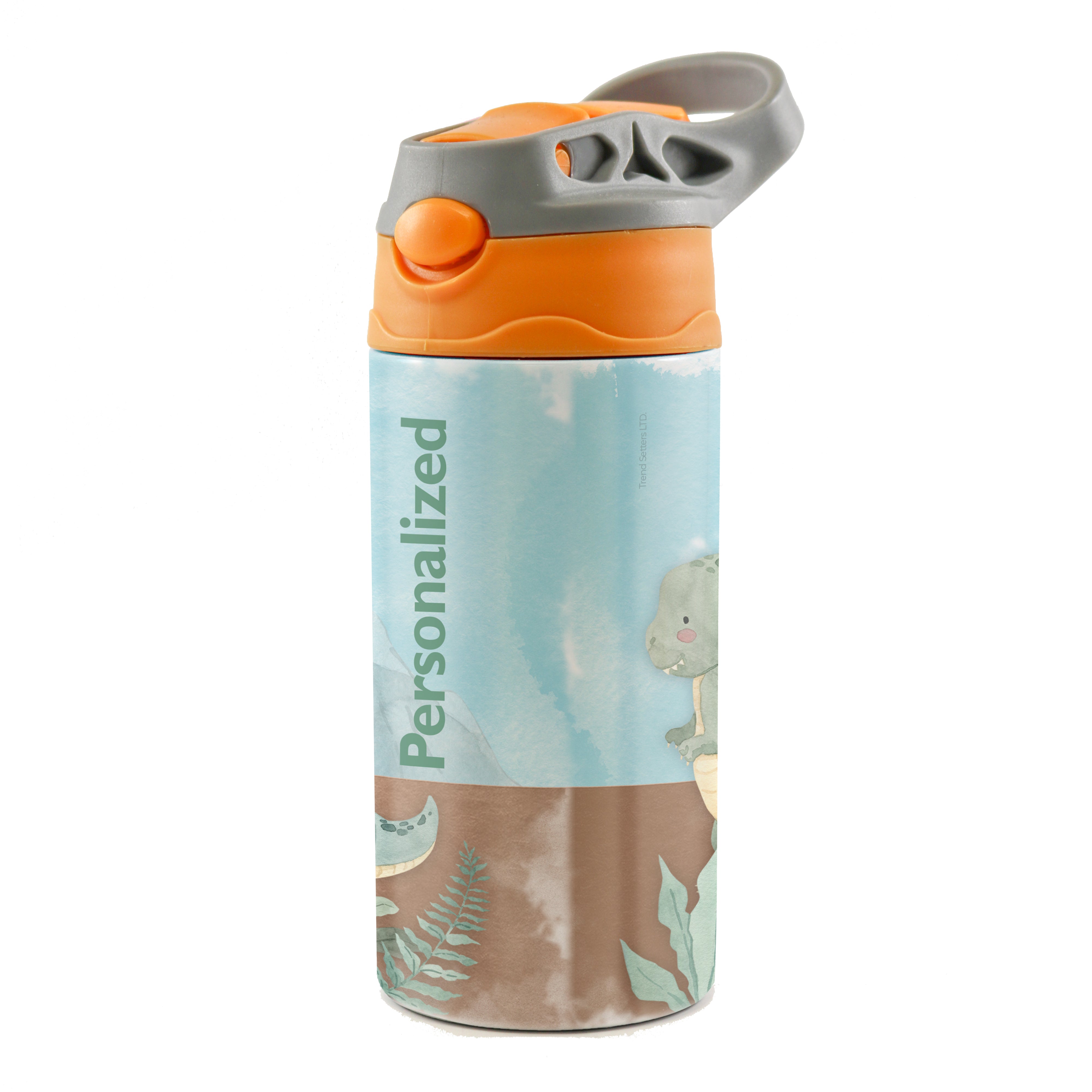 Trend Setters Original (Dinosaurs - Personalize with Name) 12 oz Stainless Steel Water Bottle with Orange and Grey Lid