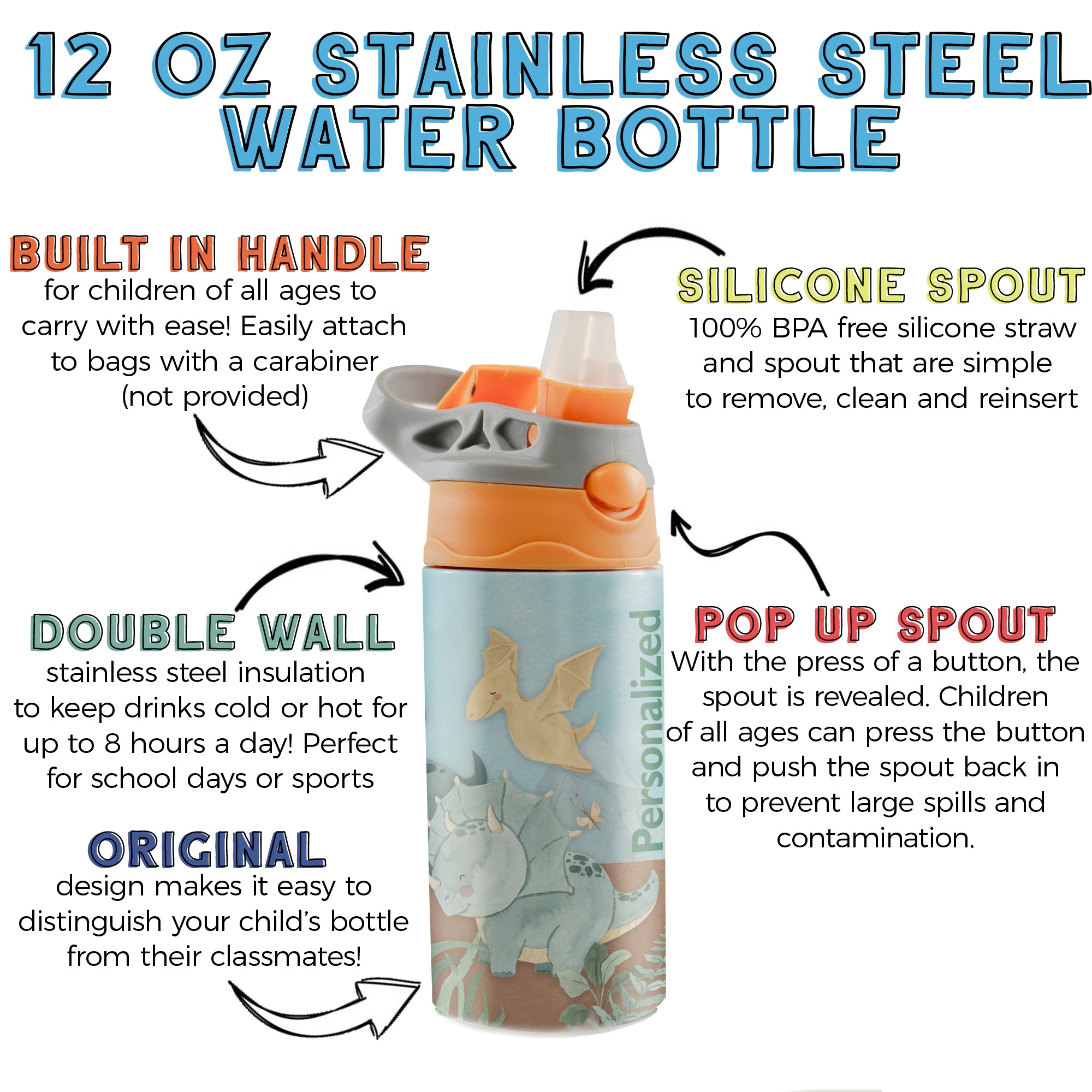 Trend Setters Original (Dinosaurs - Personalize with Name) 12 oz Stainless Steel Water Bottle with Orange and Grey Lid