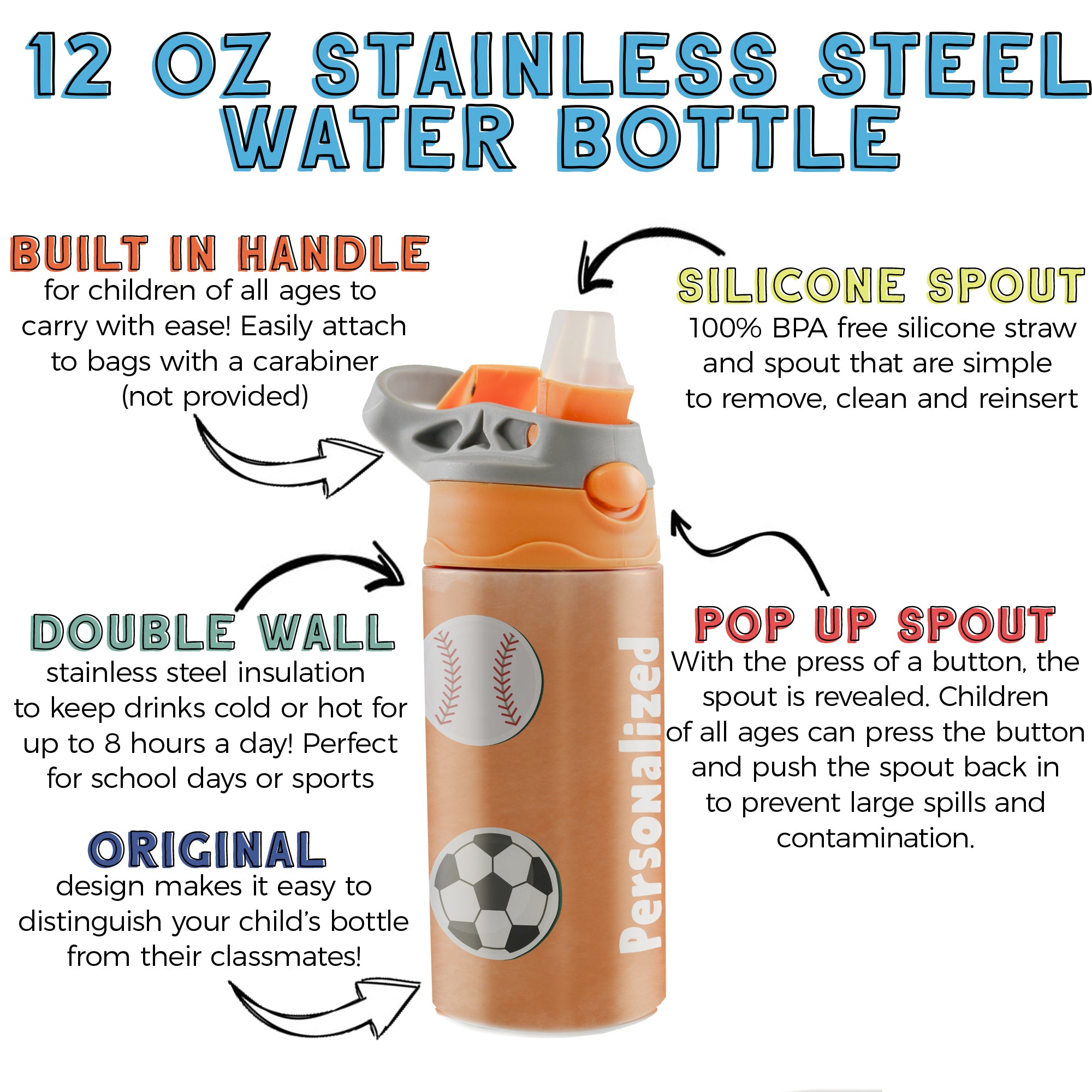 Sports Collection (Stickers - Personalize with Name) 12 oz Stainless Steel Water Bottle with Orange and Grey Lid