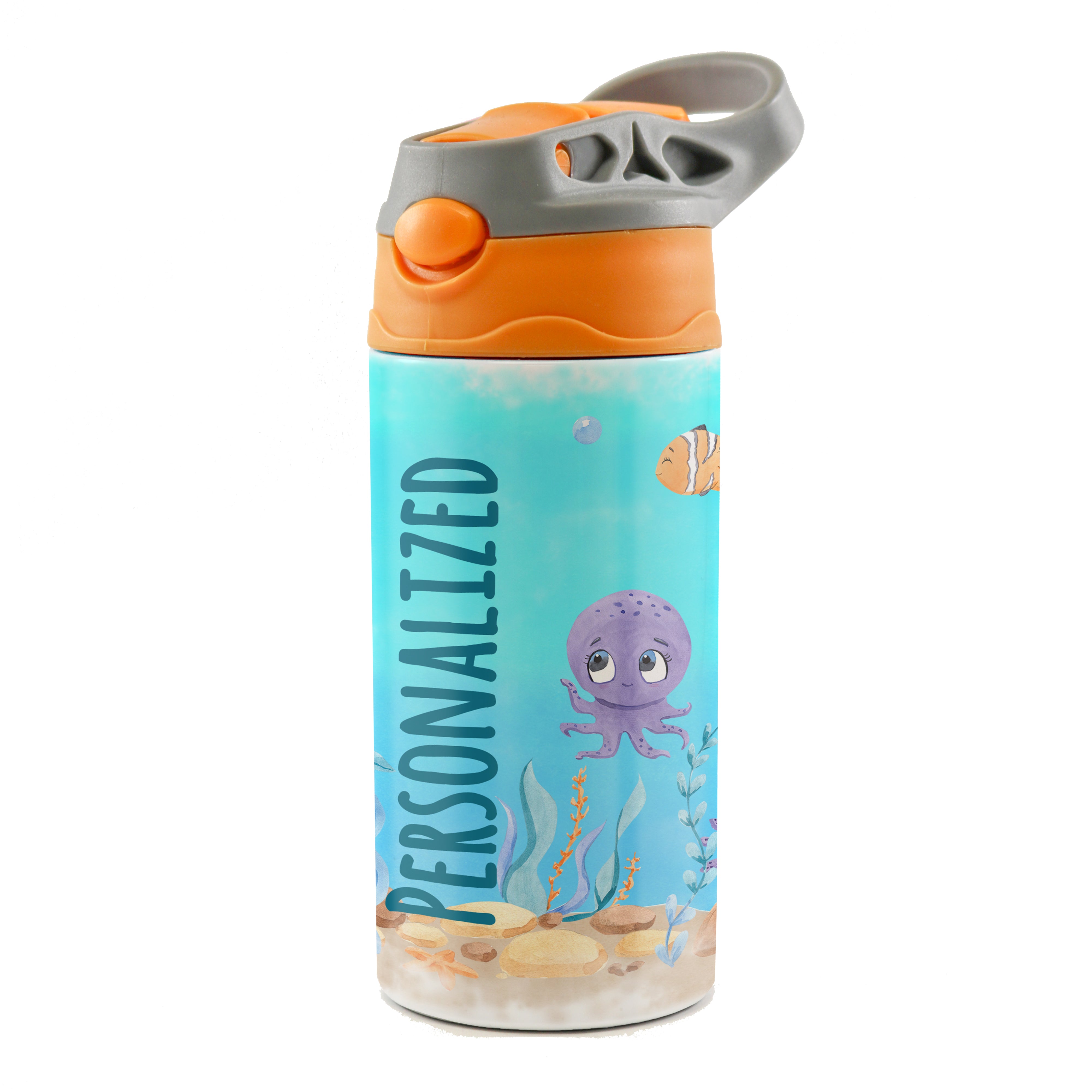 Trend Setters Original (Sea Life - Personalize with Name) 12 oz Stainless Steel Water Bottle with Orange and Grey Lid