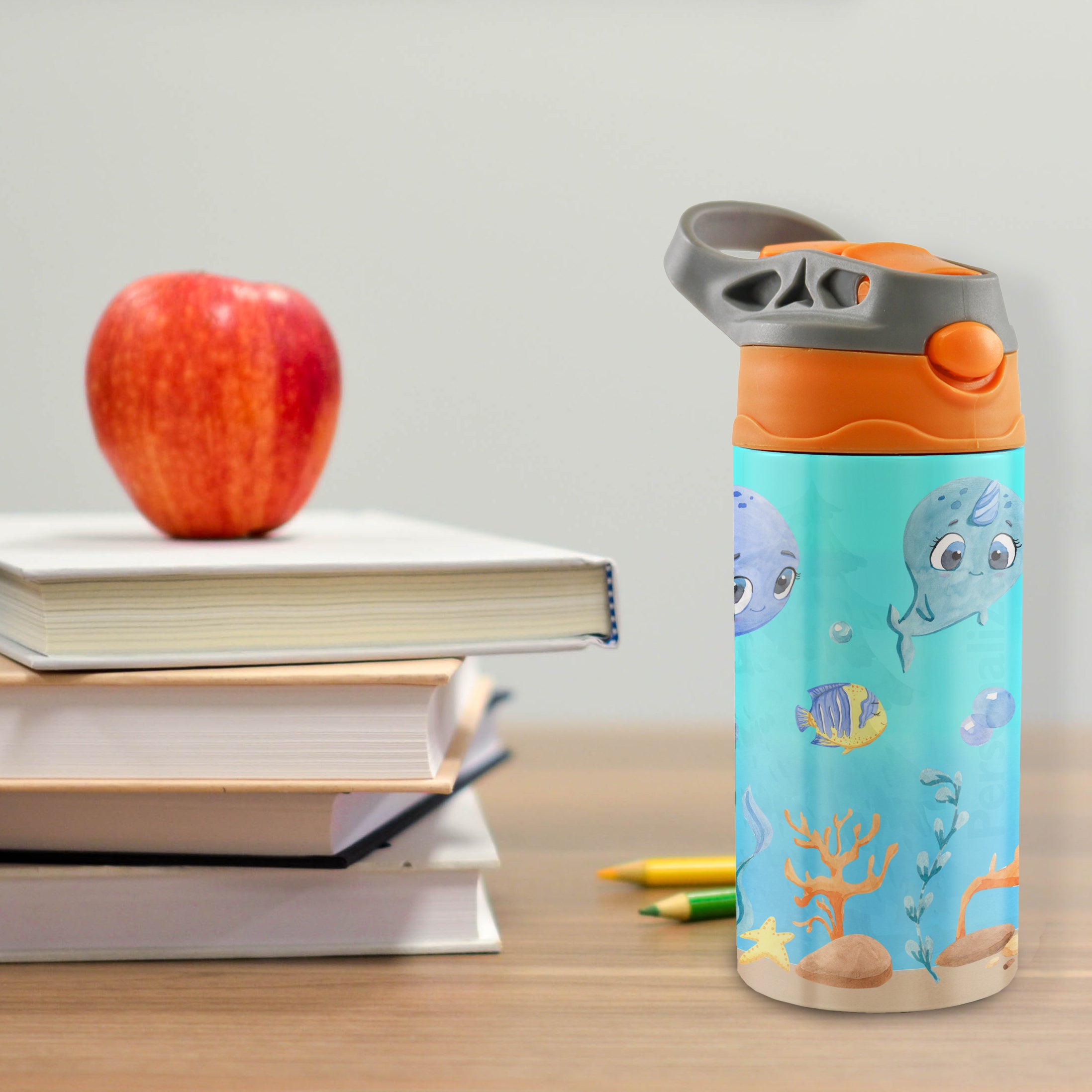 Trend Setters Original (Sea Life - Personalize with Name) 12 oz Stainless Steel Water Bottle with Orange and Grey Lid