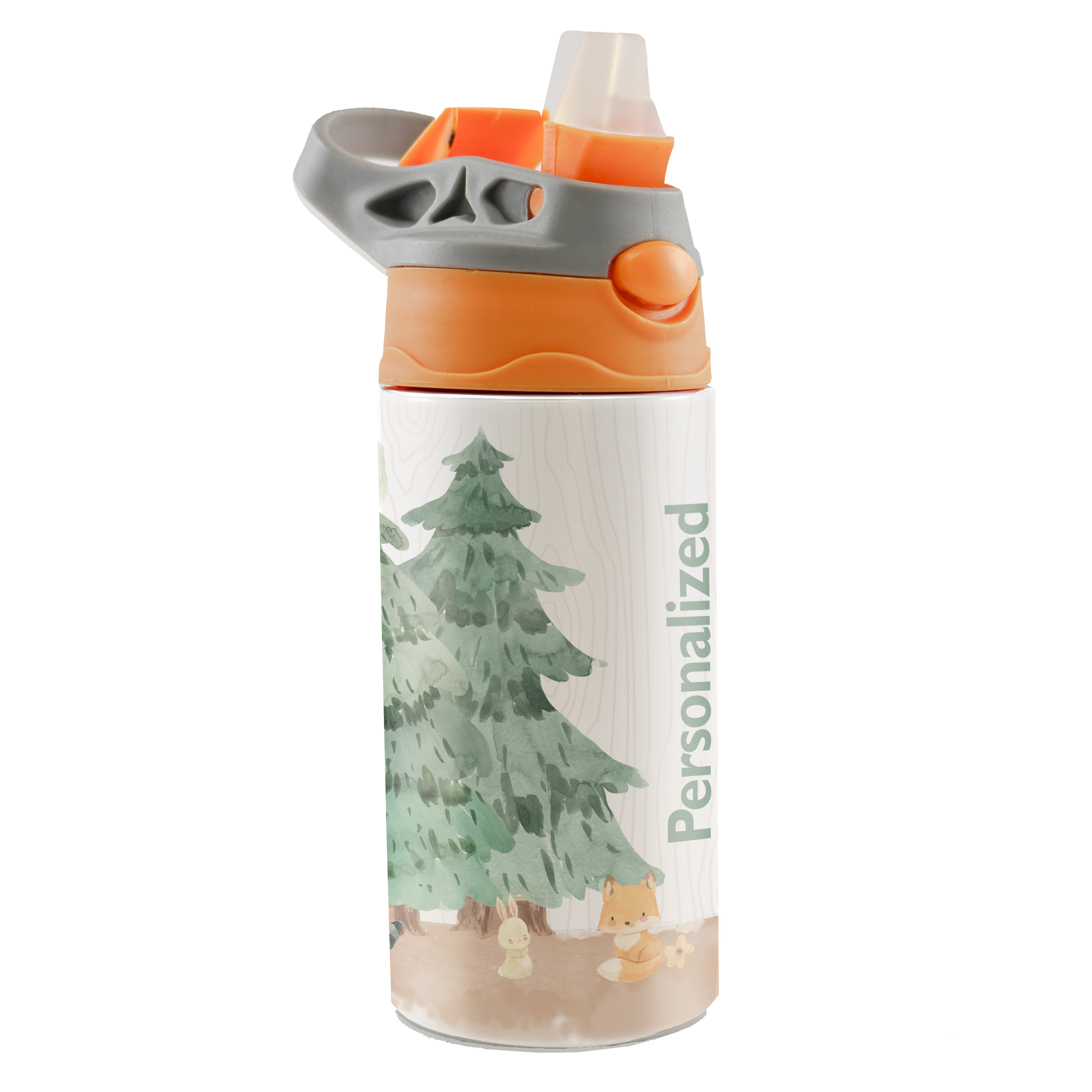 Trend Setters Original (Woodland Baby Animals - Personalize with Name) 12 oz Stainless Steel Water Bottle with Orange and Grey Lid