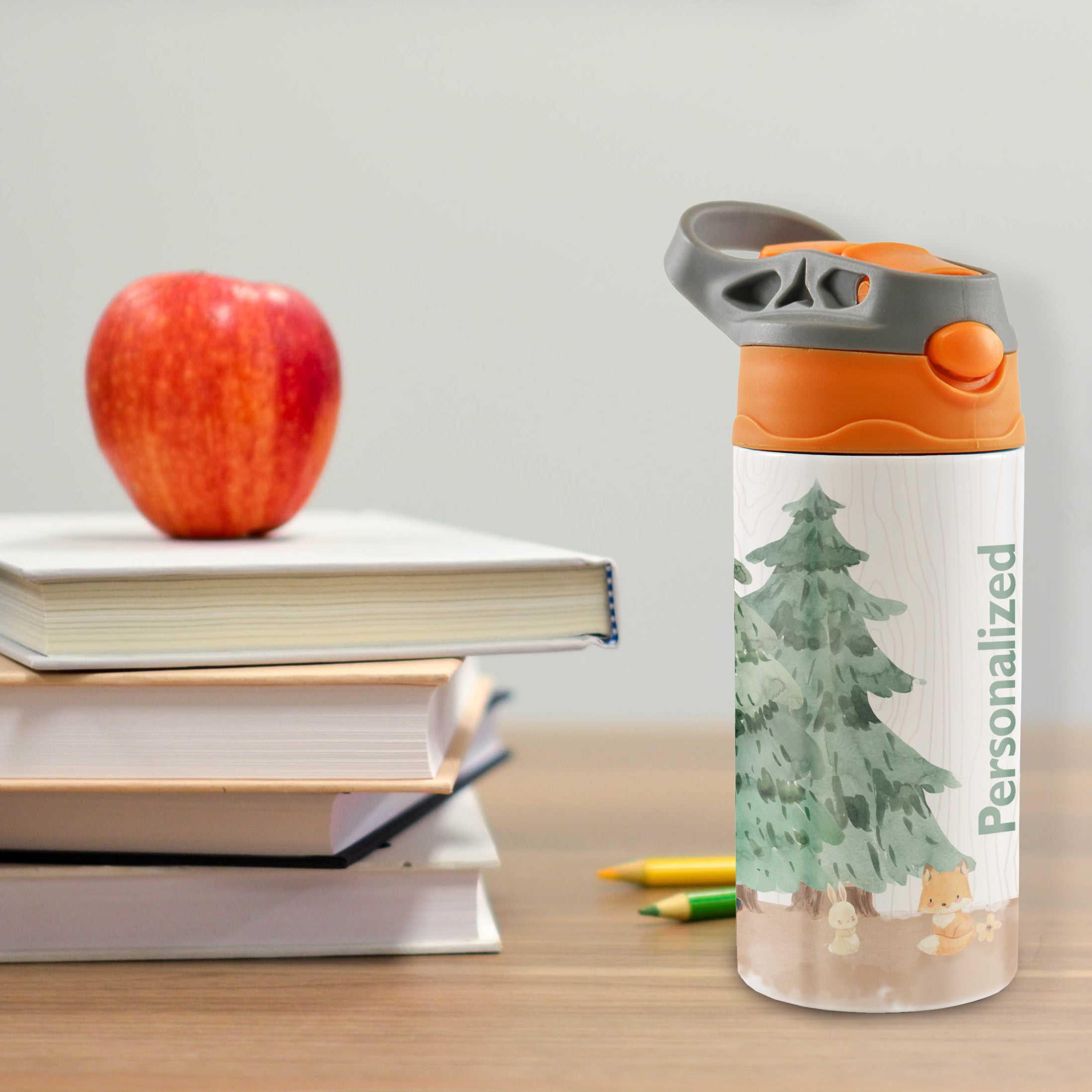 Trend Setters Original (Woodland Baby Animals - Personalize with Name) 12 oz Stainless Steel Water Bottle with Orange and Grey Lid