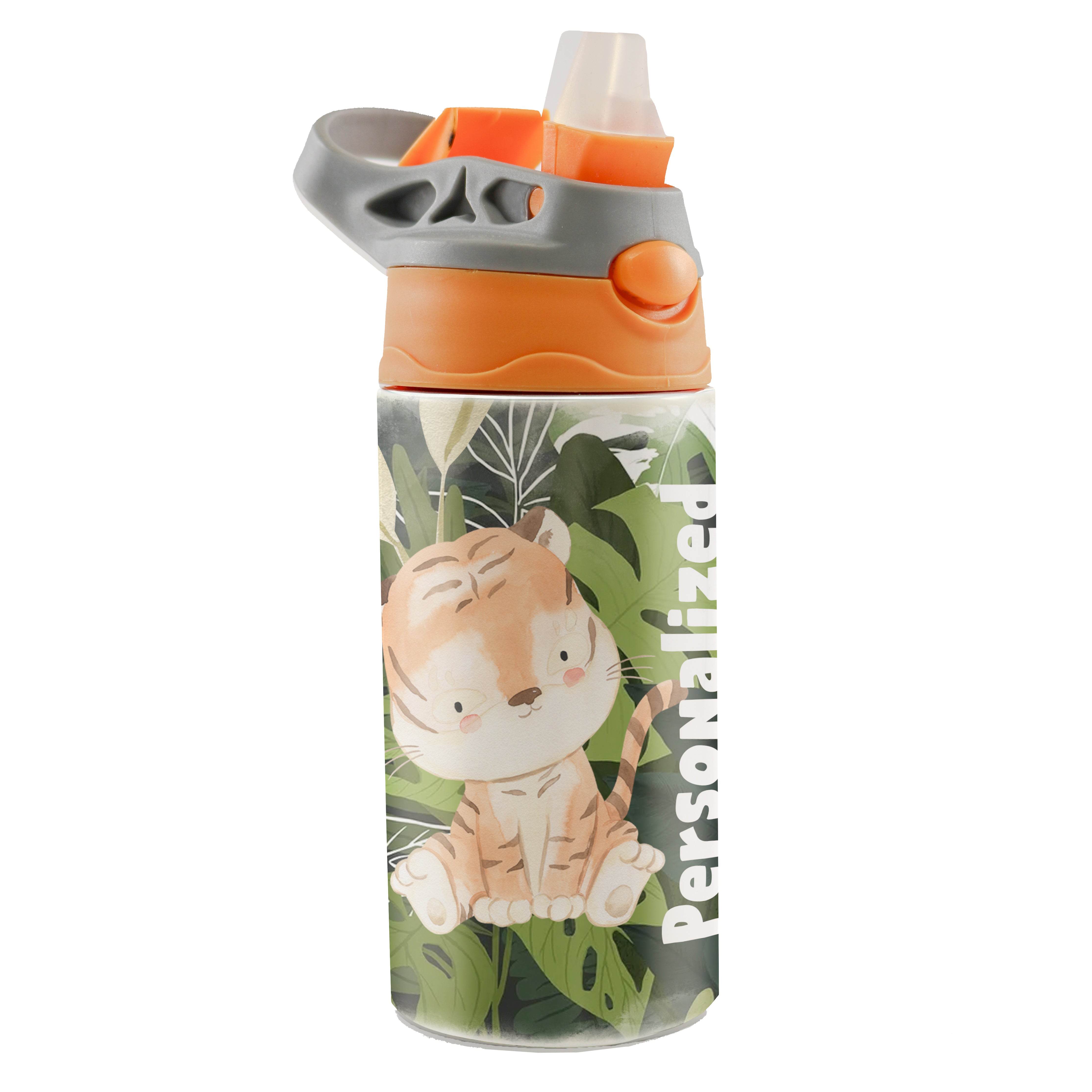 Trend Setters Original (Tiger Jungle - Personalize with Name) 12 oz Stainless Steel Water Bottle with Orange and Grey Lid