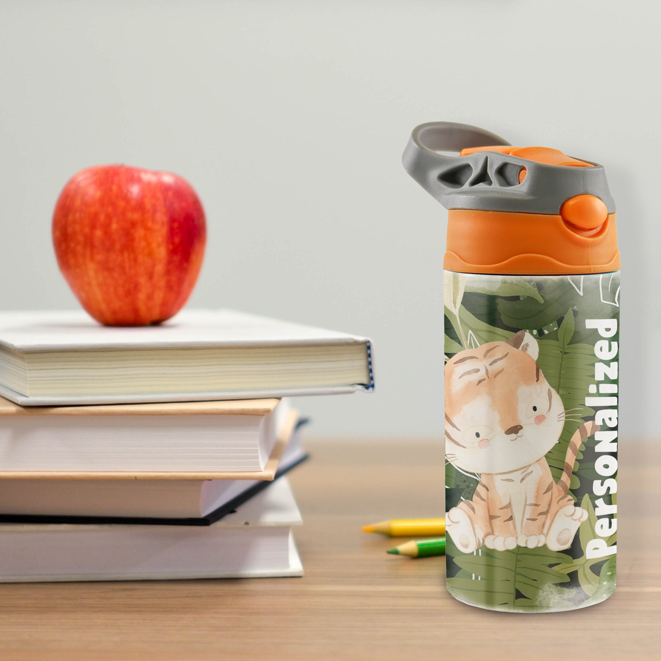 Trend Setters Original (Tiger Jungle - Personalize with Name) 12 oz Stainless Steel Water Bottle with Orange and Grey Lid