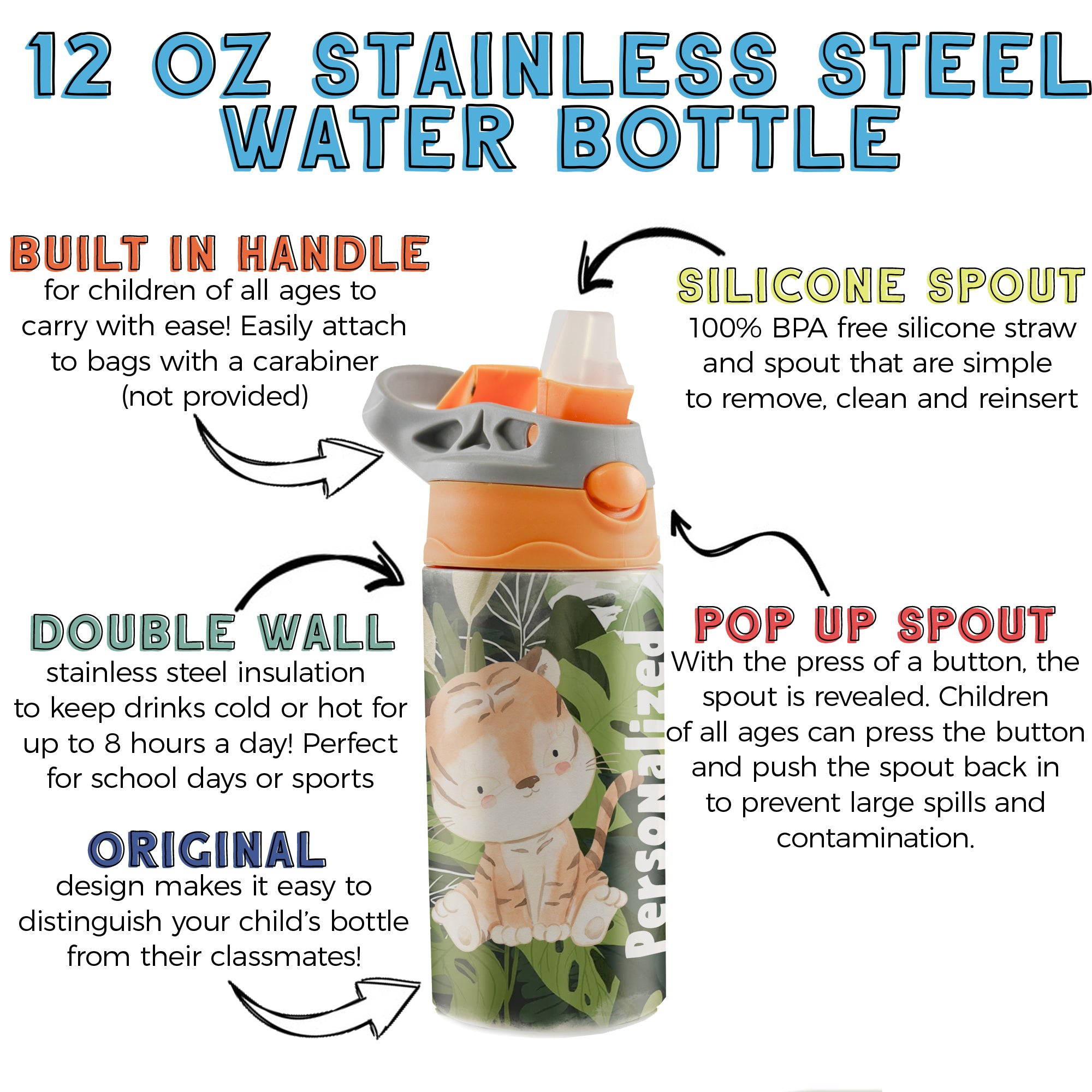 Trend Setters Original (Tiger Jungle - Personalize with Name) 12 oz Stainless Steel Water Bottle with Orange and Grey Lid