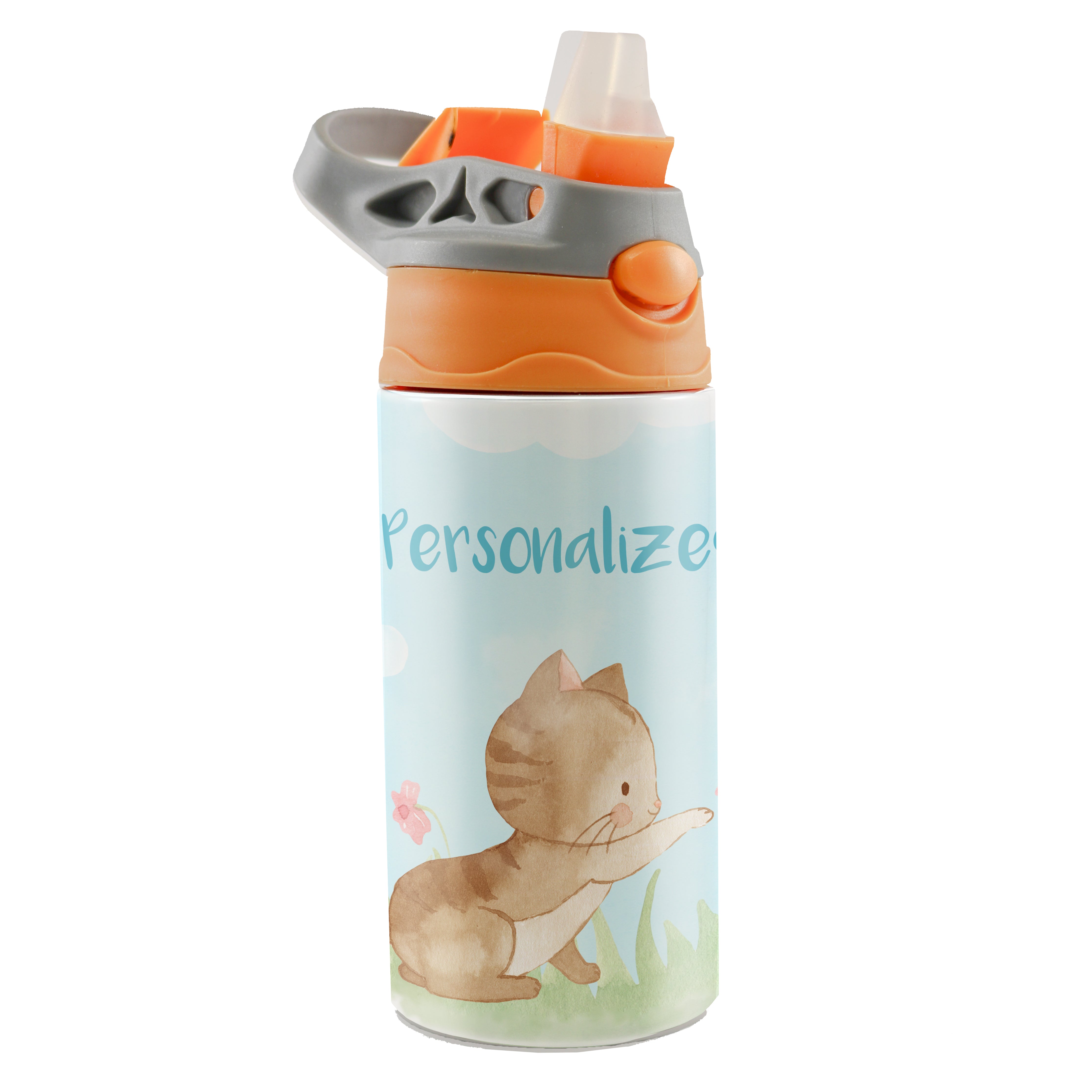 Trend Setters Original (Kitty Cat - Personalize with Name) 12 oz Stainless Steel Water Bottle with Orange and Grey Lid