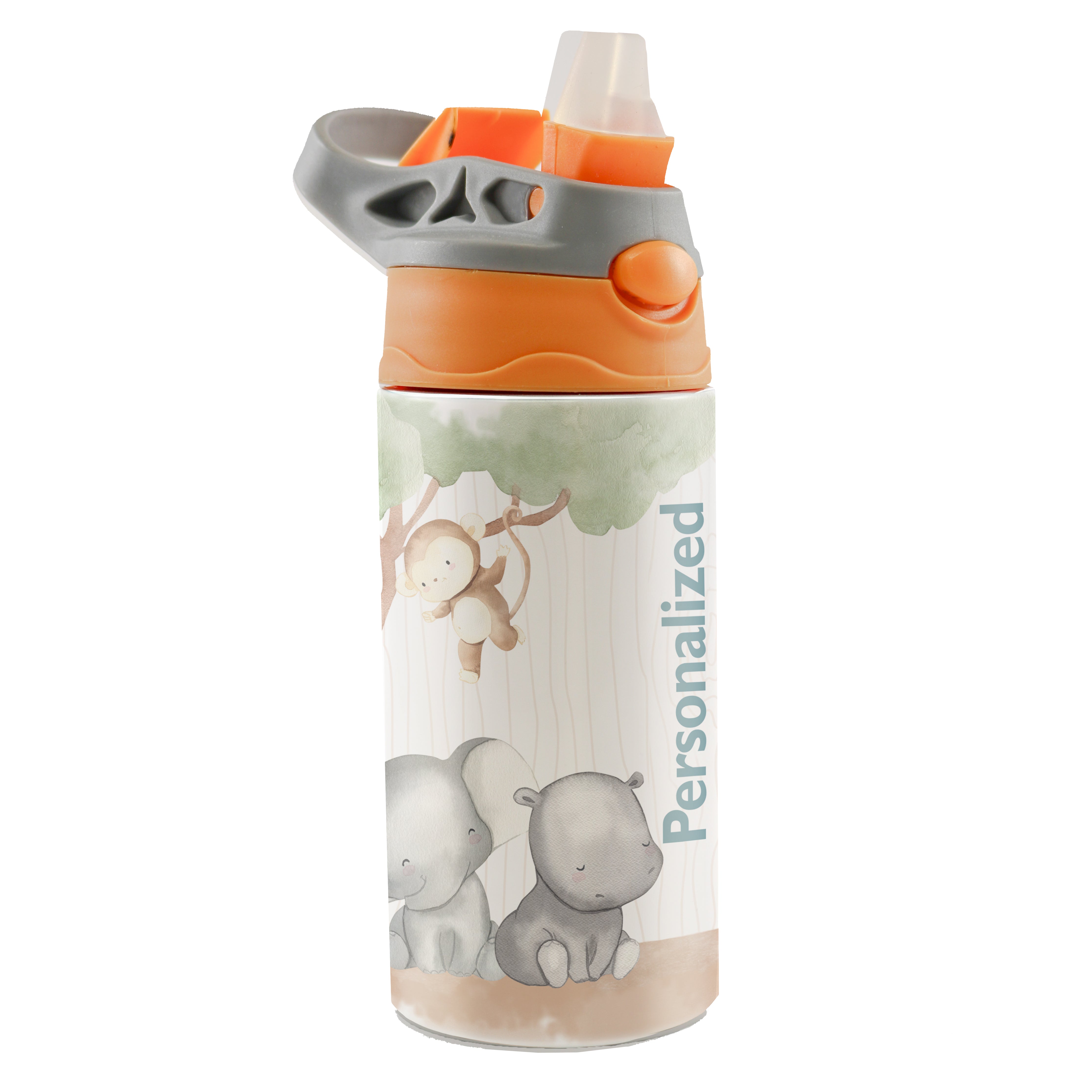 Trend Setters Original (Safari Animals - Personalize with Name) 12 oz Stainless Steel Water Bottle with Orange and Grey Lid