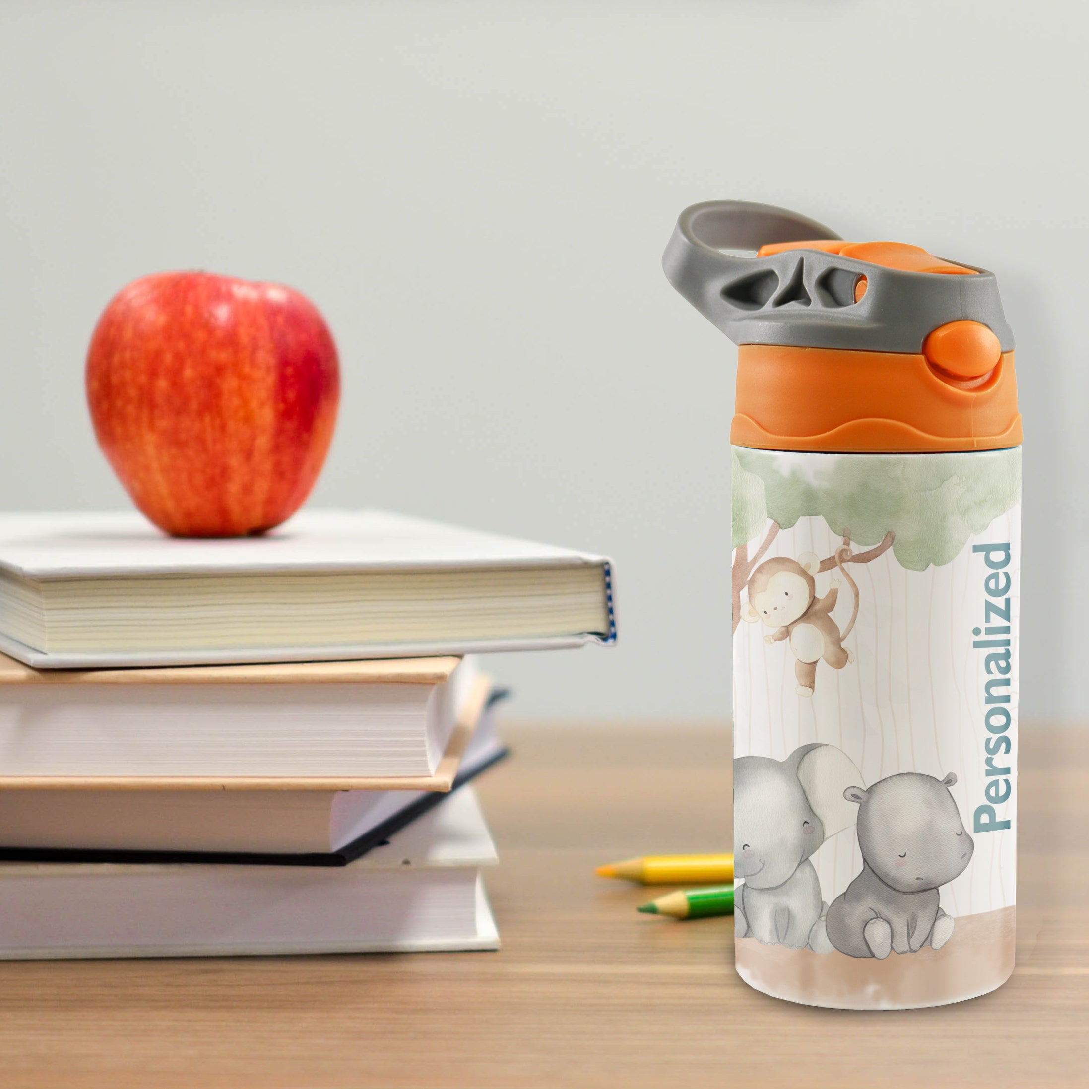 Trend Setters Original (Safari Animals - Personalize with Name) 12 oz Stainless Steel Water Bottle with Orange and Grey Lid