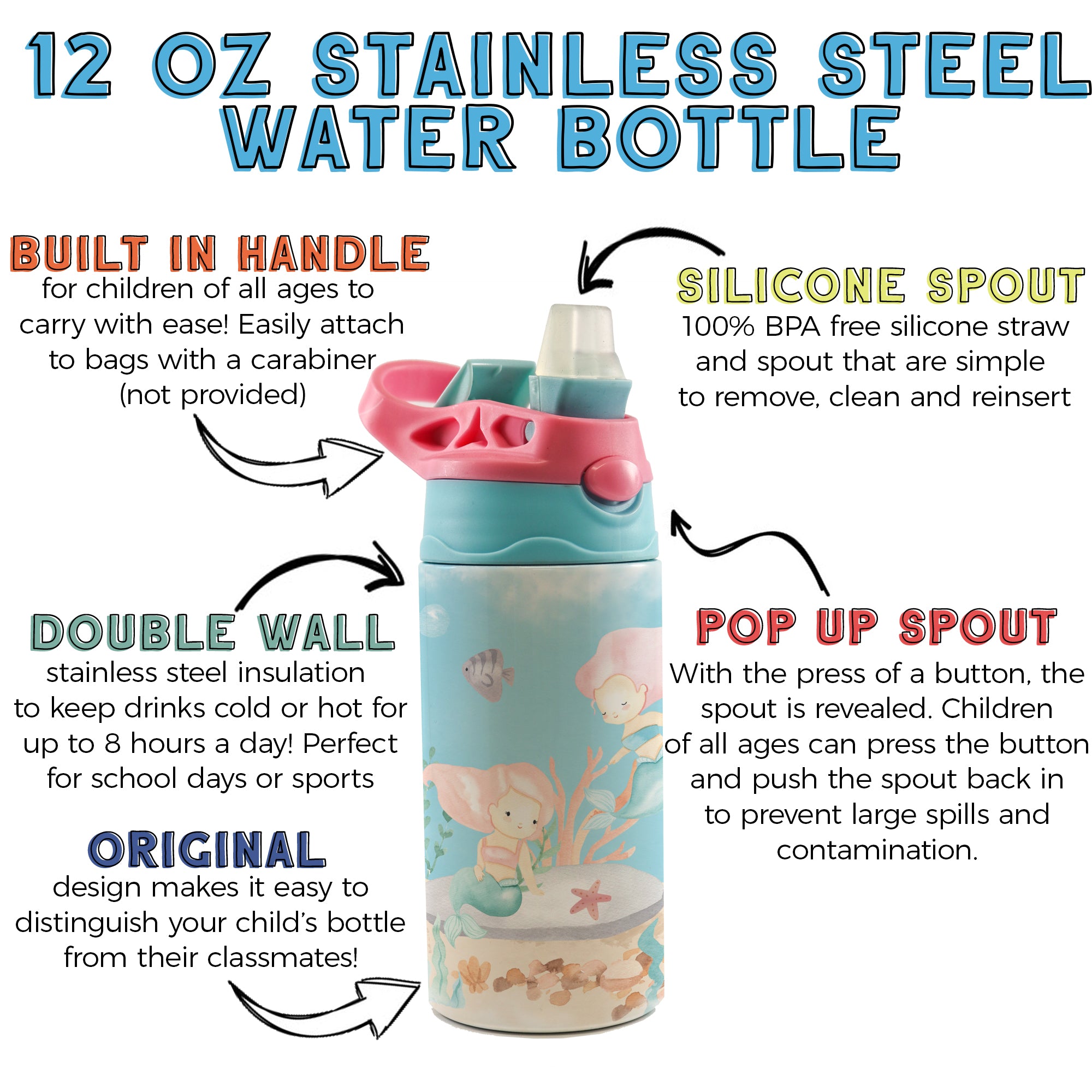 Trend Setters Original (Mermaids - Personalize with Name) 12 oz Stainless Steel Water Bottle with Pink and Blue Lid