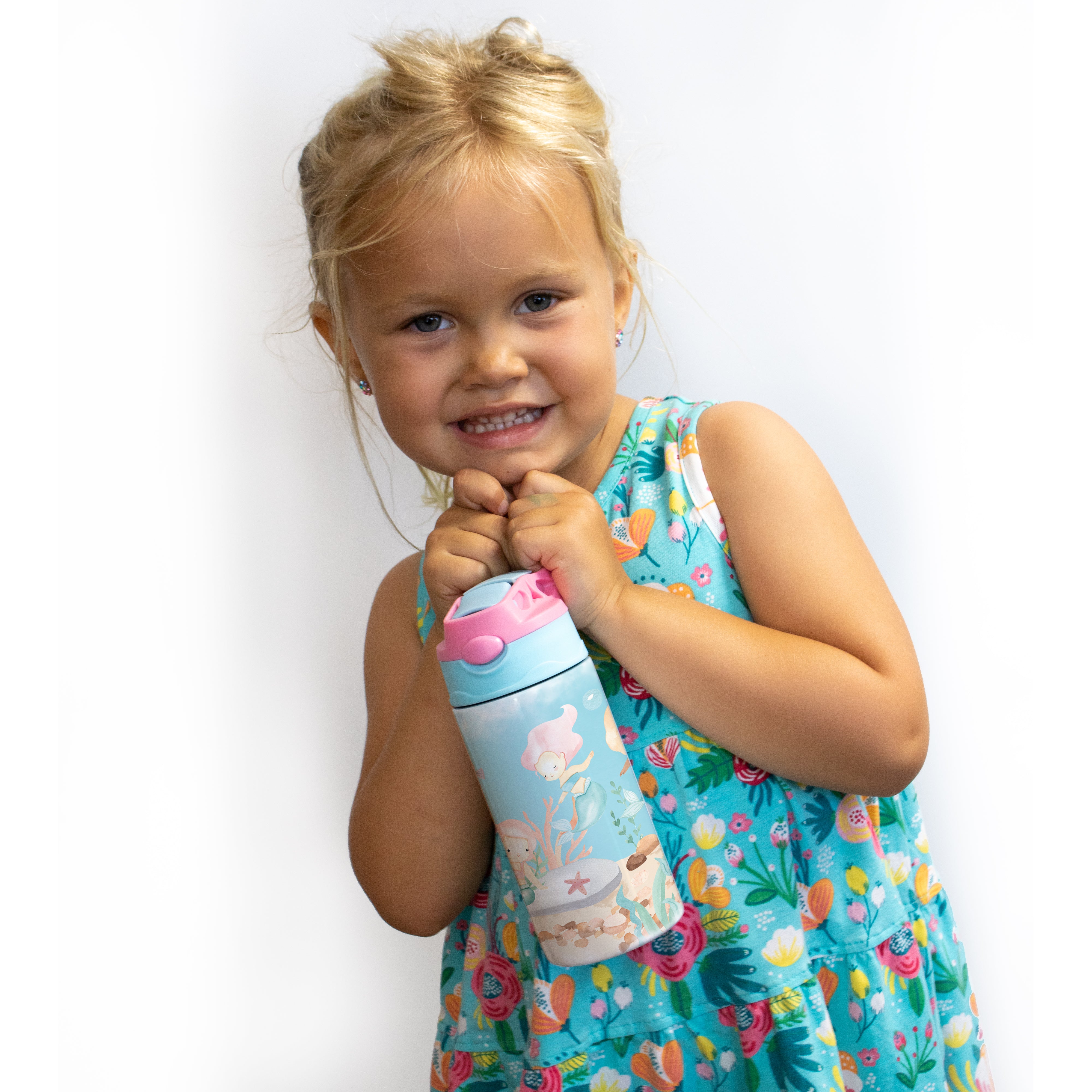 Trend Setters Original (Mermaids - Personalize with Name) 12 oz Stainless Steel Water Bottle with Pink and Blue Lid