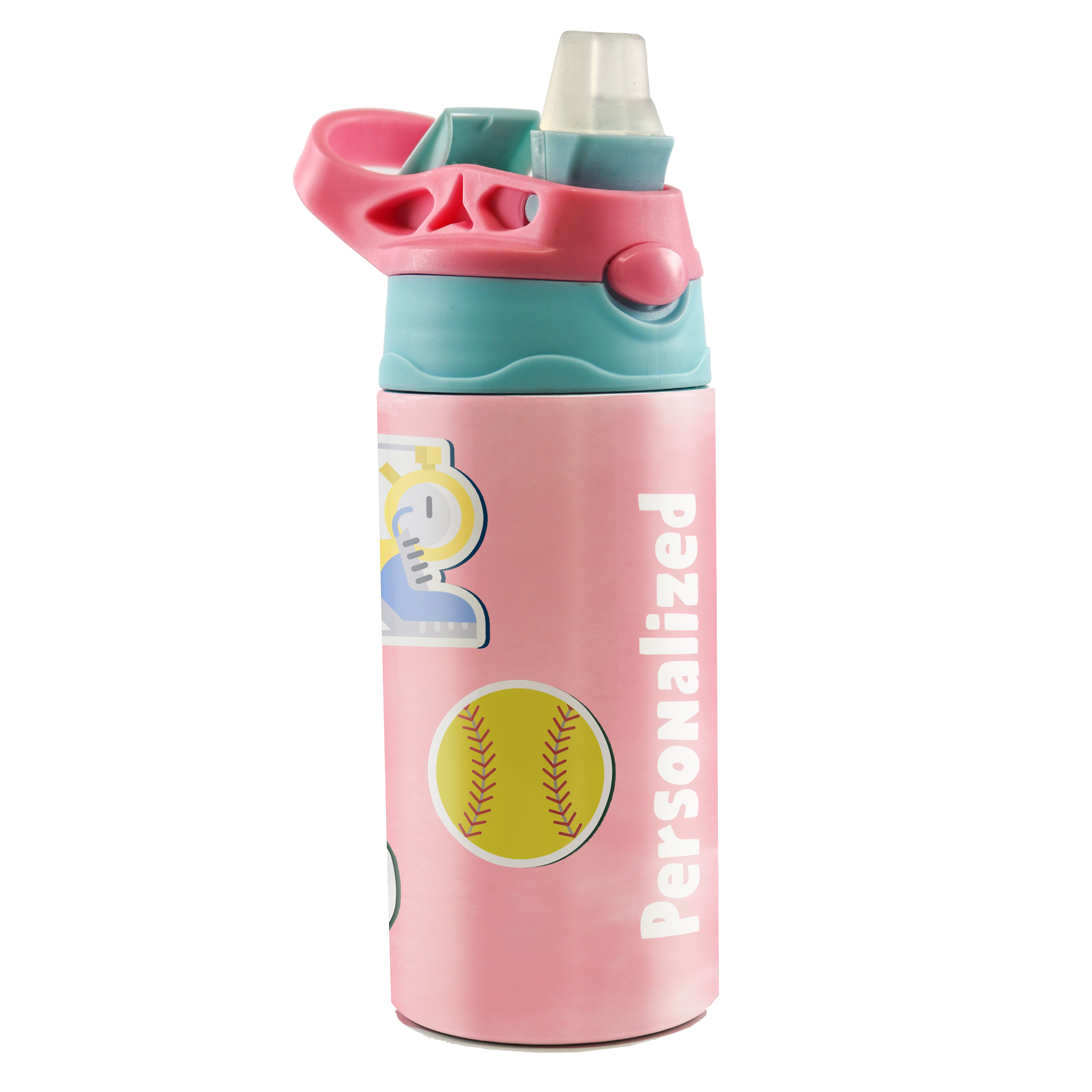 Sports Collection (Stickers - Personalize with Name) 12 oz Stainless Steel Water Bottle with Pink and Blue Lid