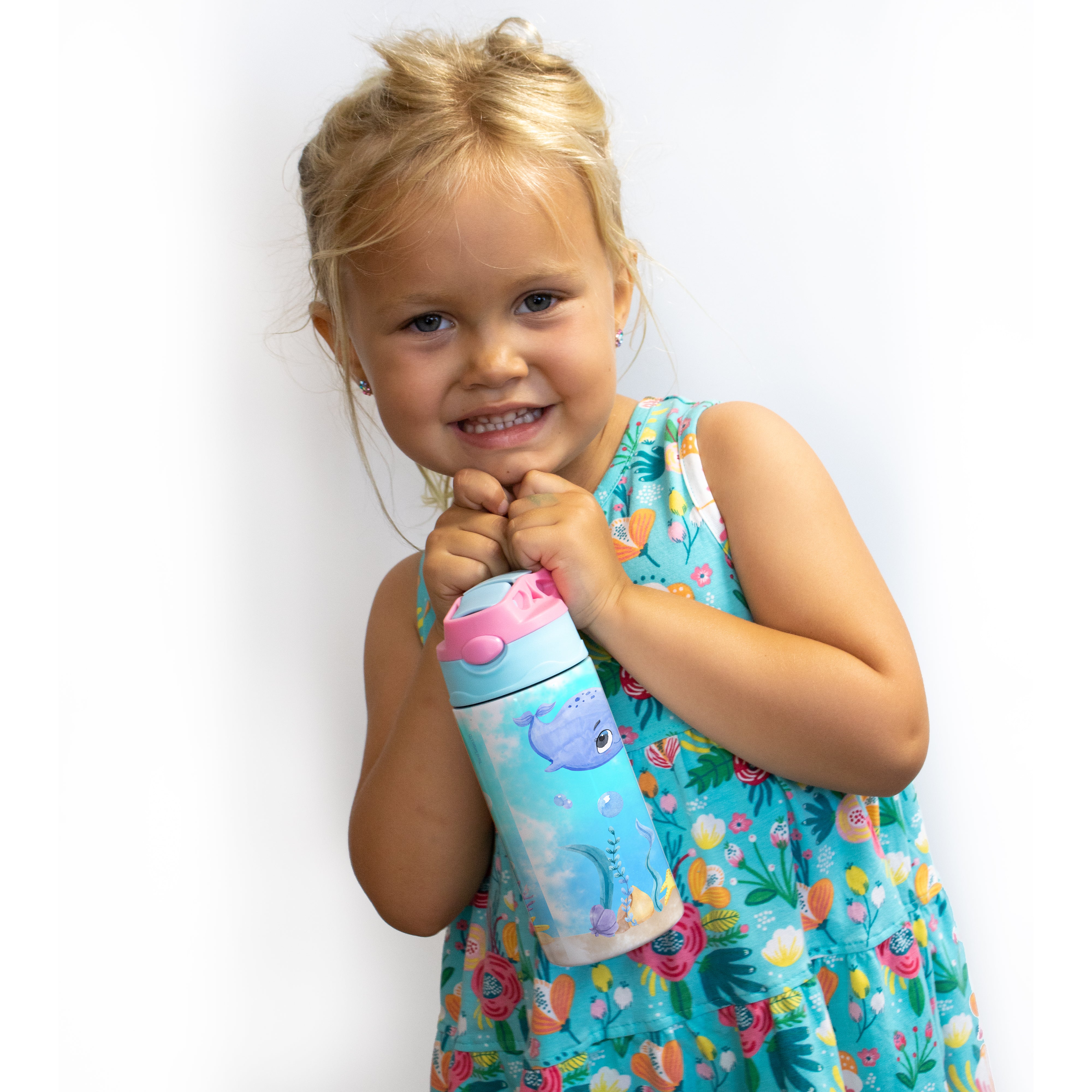 Trend Setters Original (Sea Life - Personalize with Name) 12 oz Stainless Steel Water Bottle with Pink and Blue Lid