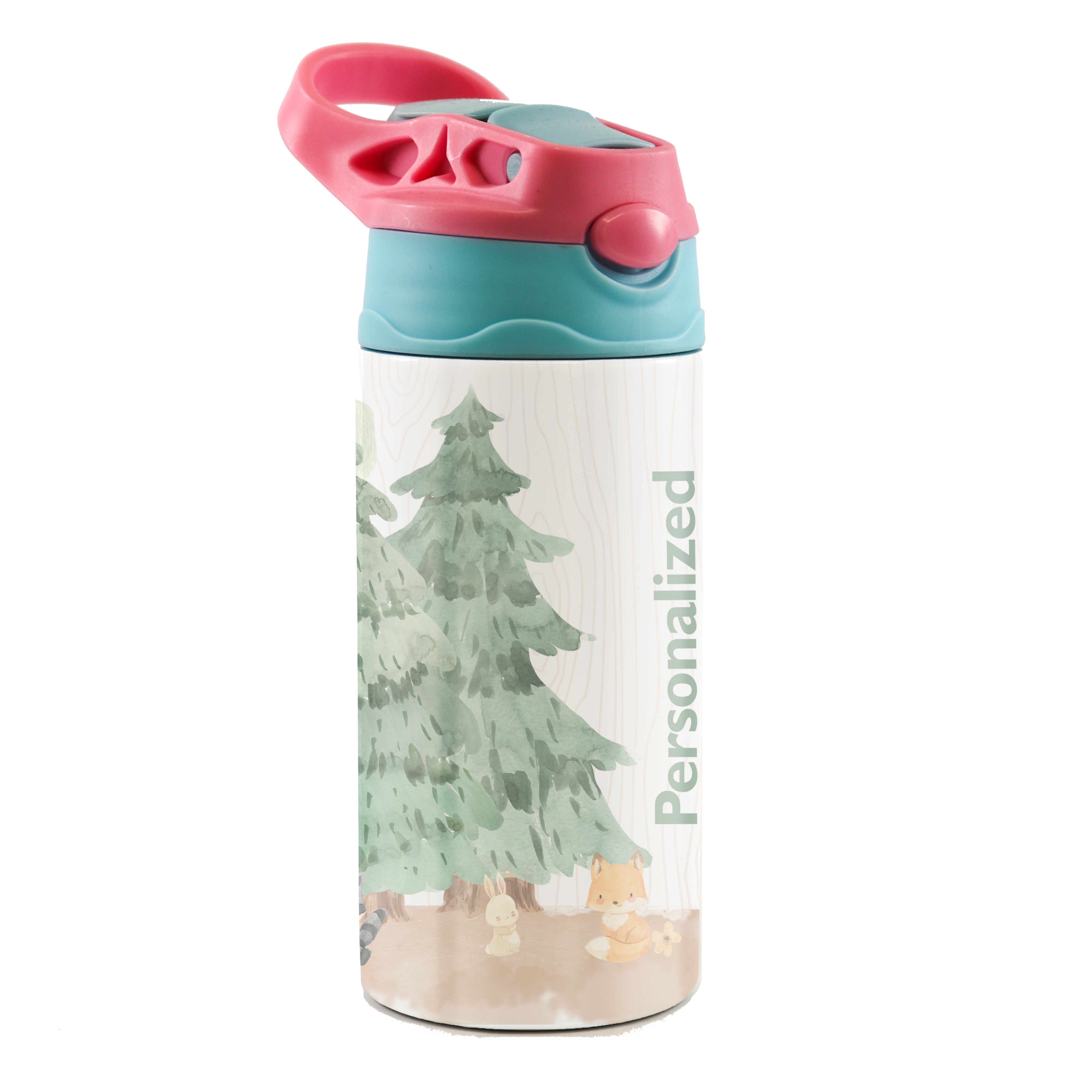 Trend Setters Original (Woodland Baby Animals - Personalize with Name) 12 oz Stainless Steel Water Bottle with Pink and Blue Lid