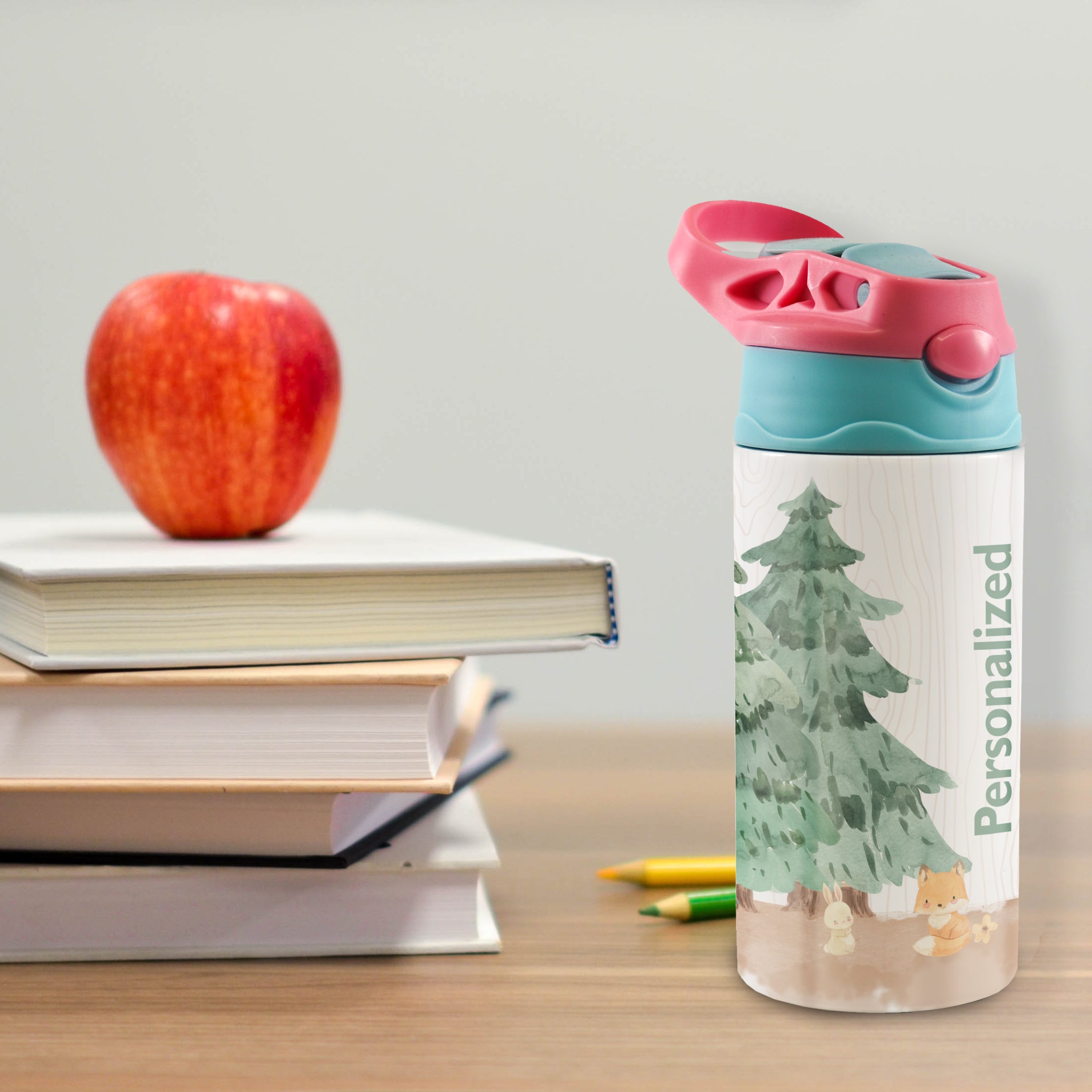 Trend Setters Original (Woodland Baby Animals - Personalize with Name) 12 oz Stainless Steel Water Bottle with Pink and Blue Lid
