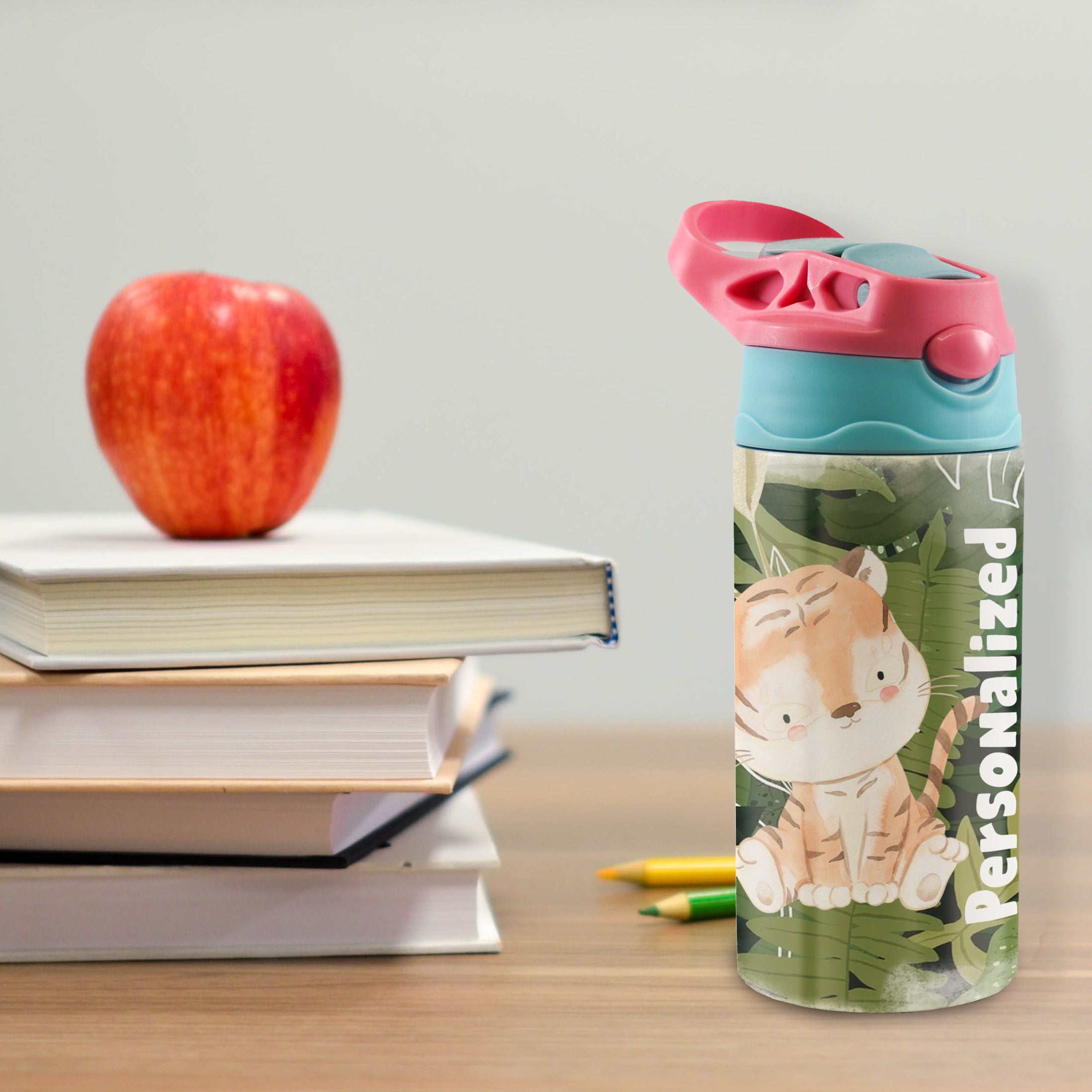 Trend Setters Original (Tiger Jungle - Personalized) 12 oz Stainless Steel Water Bottle with Pink and Blue Lid SSKIDPB0020