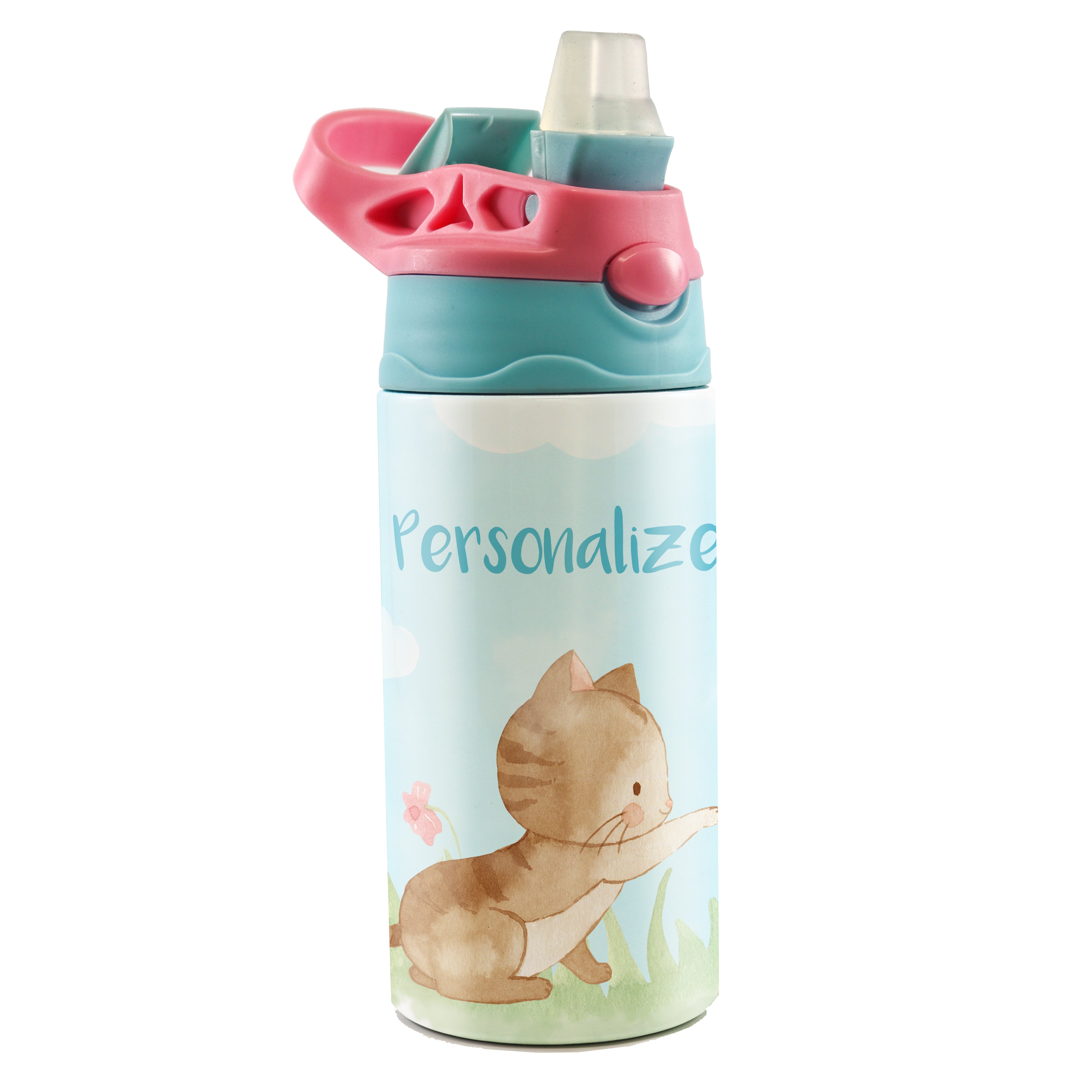 Trend Setters Original (Kitty Cat - Personalize with Name) 12 oz Stainless Steel Water Bottle with Pink and Blue Lid