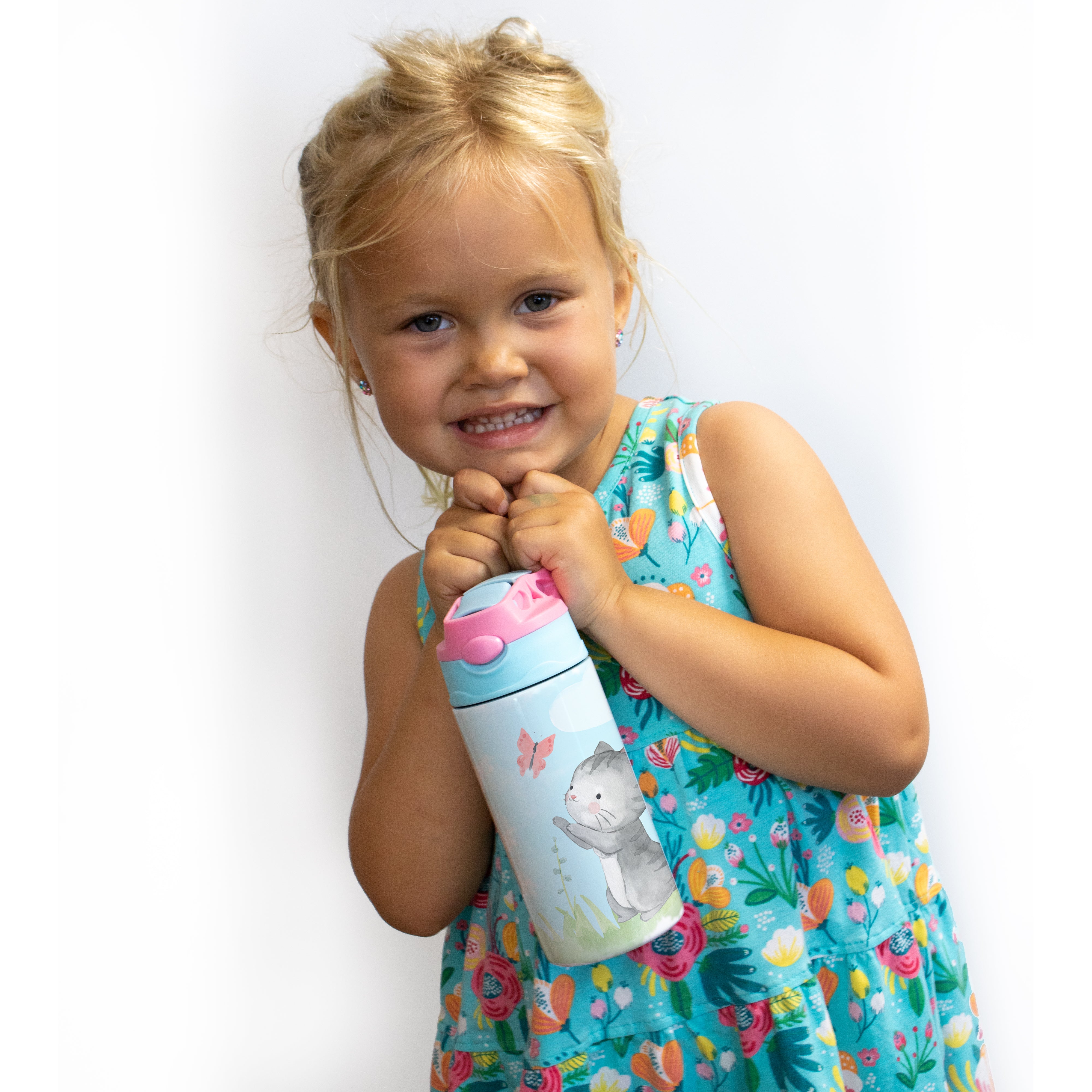 Trend Setters Original (Kitty Cat - Personalize with Name) 12 oz Stainless Steel Water Bottle with Pink and Blue Lid