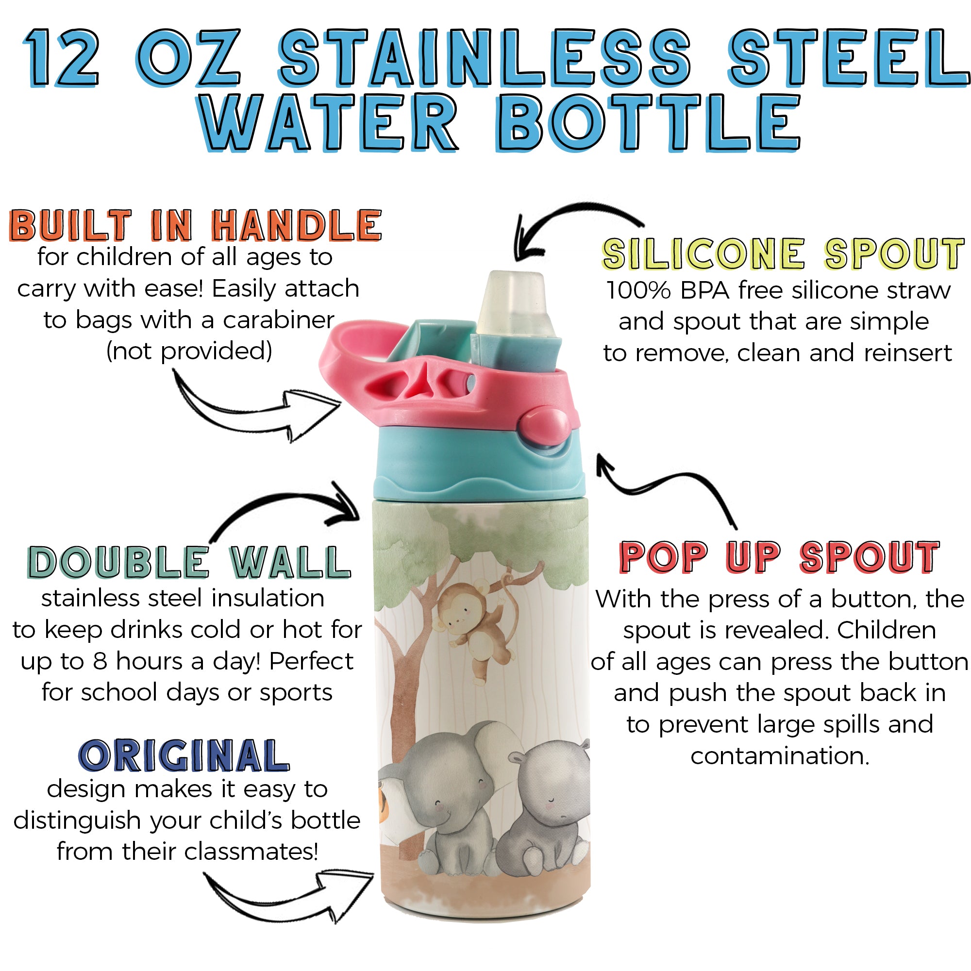 Trend Setters Original (Safari Animals - Personalize with Name) 12 oz Stainless Steel Water Bottle with Pink and Blue Lid