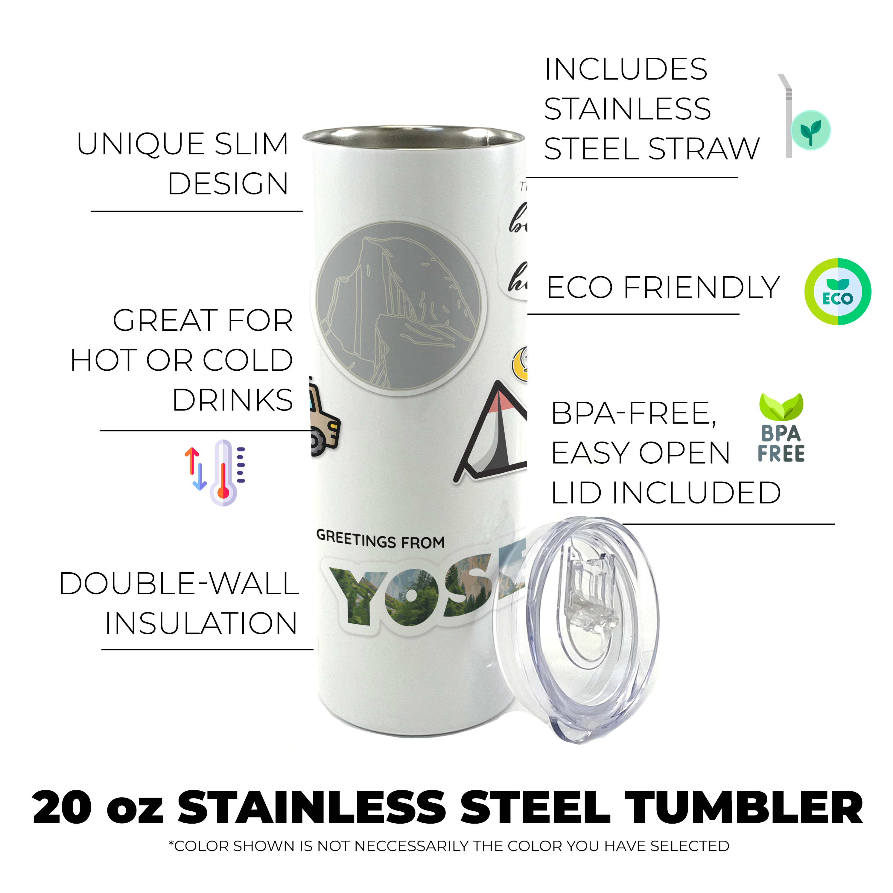 Vacation Collection (National Park - Yosemite) 20 Oz Stainless Steel White Travel Tumbler with Straw