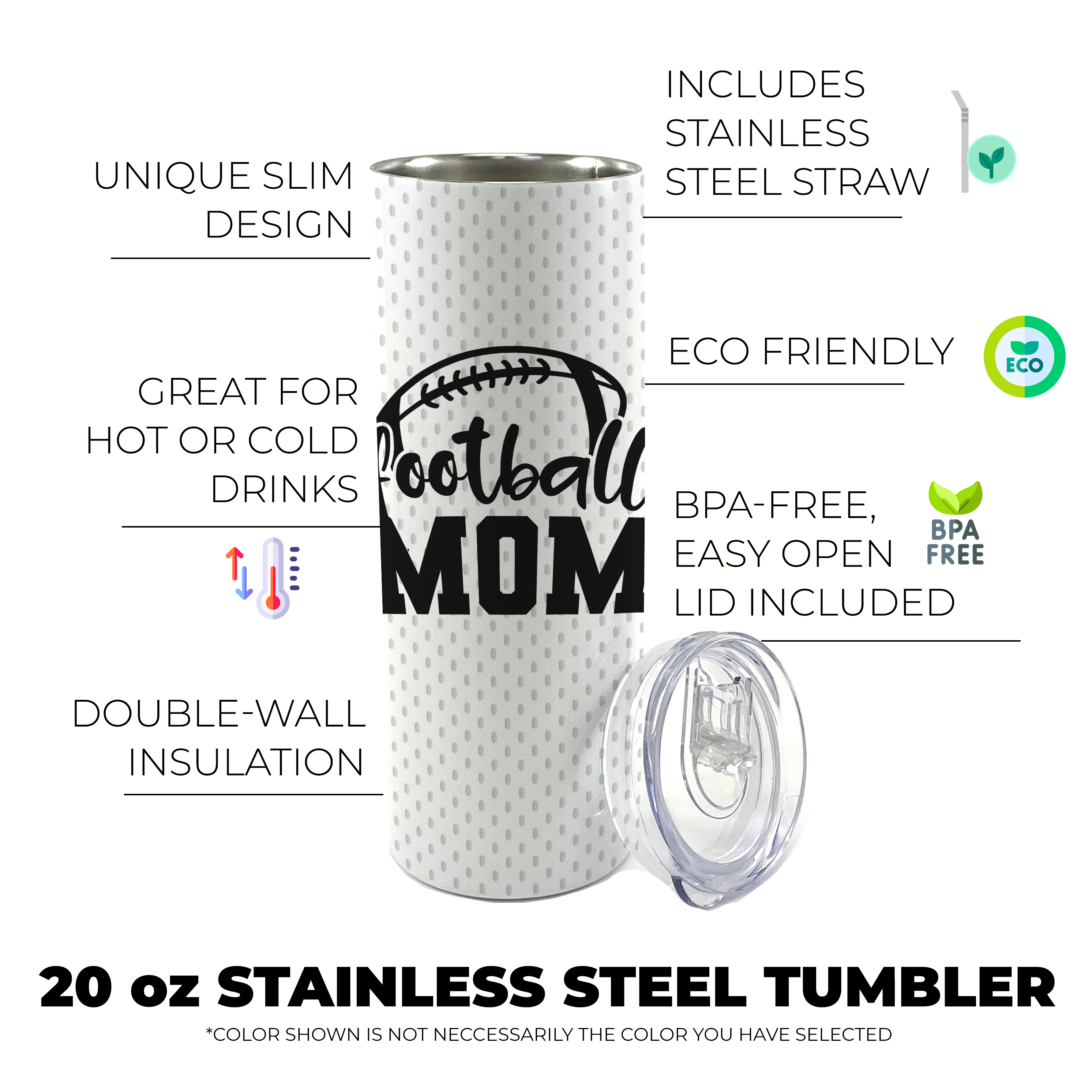 Sports Collection (Football Mom - Personalized) 20 Oz Stainless Steel Travel Tumbler with Straw (White)
