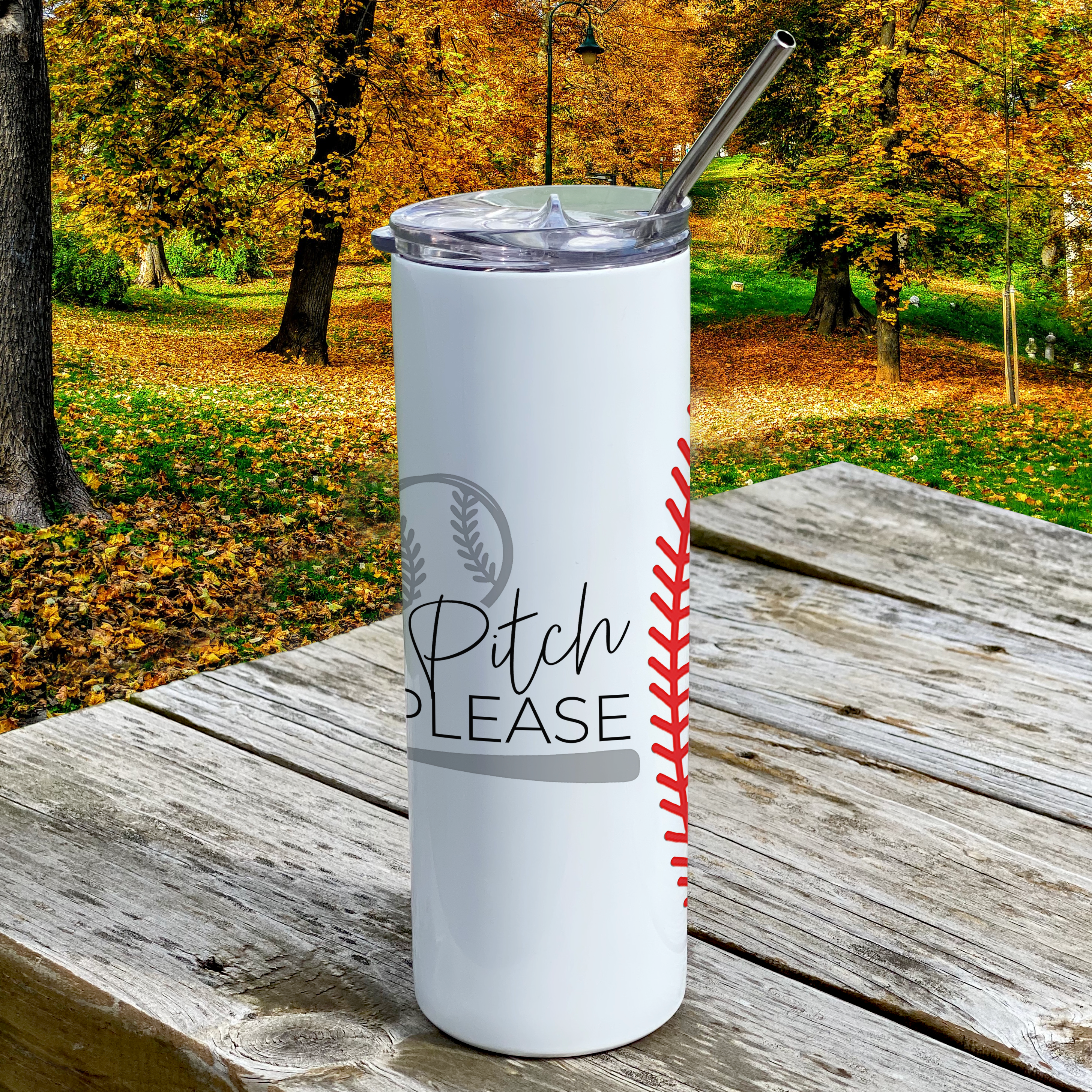 Sports Collection (Pitch Please - Baseball) 20 Oz Stainless Steel Travel Tumbler with Straw