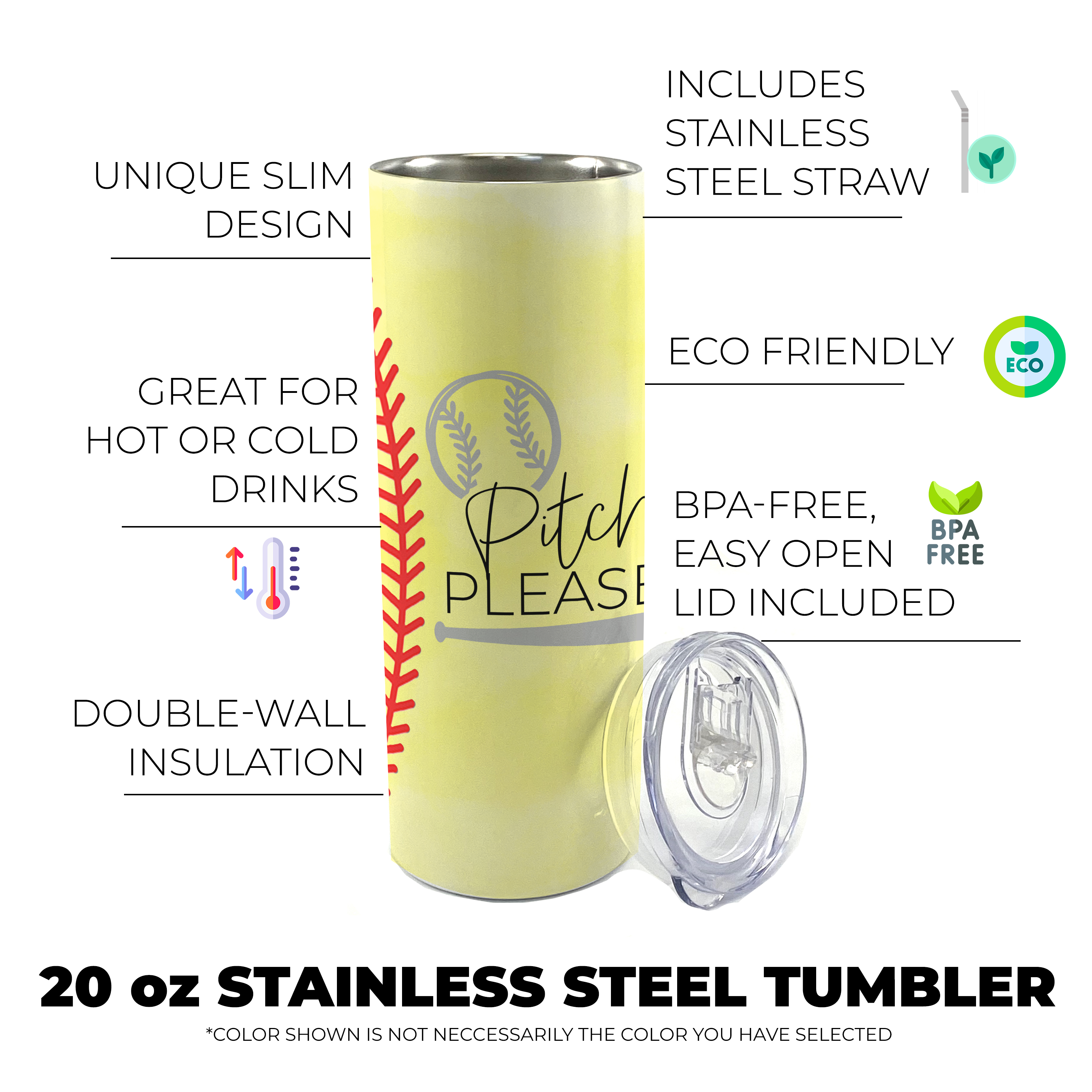 Sports Collection (Pitch Please - Softball) 20 Oz Stainless Steel Travel Tumbler with Straw